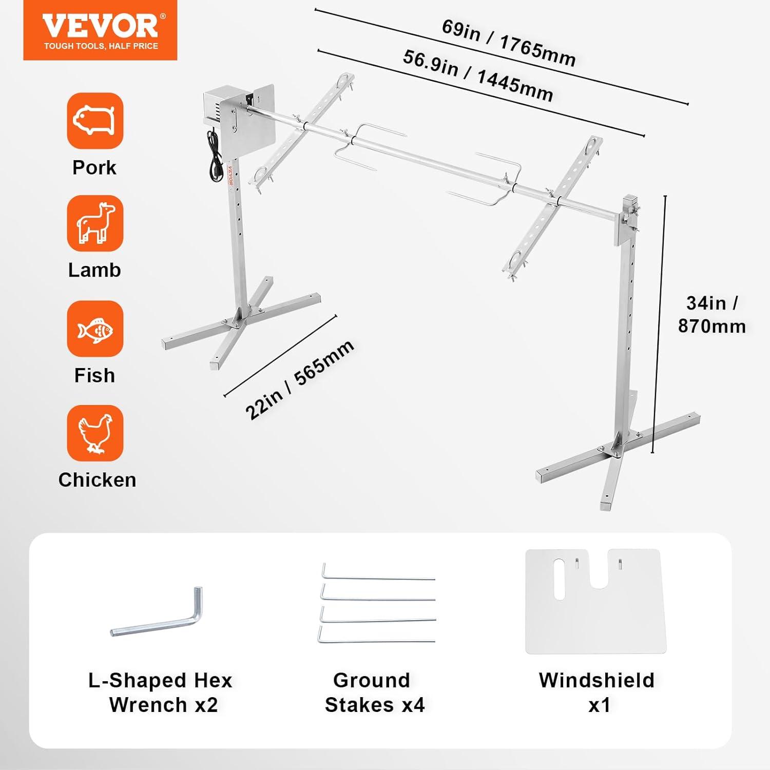 Electric BBQ Rotisserie Grill Kit, 132 lbs. Capacity, 56 in., 52W Motor, Stainless Steel, Spit Rod for Pig, Lamb