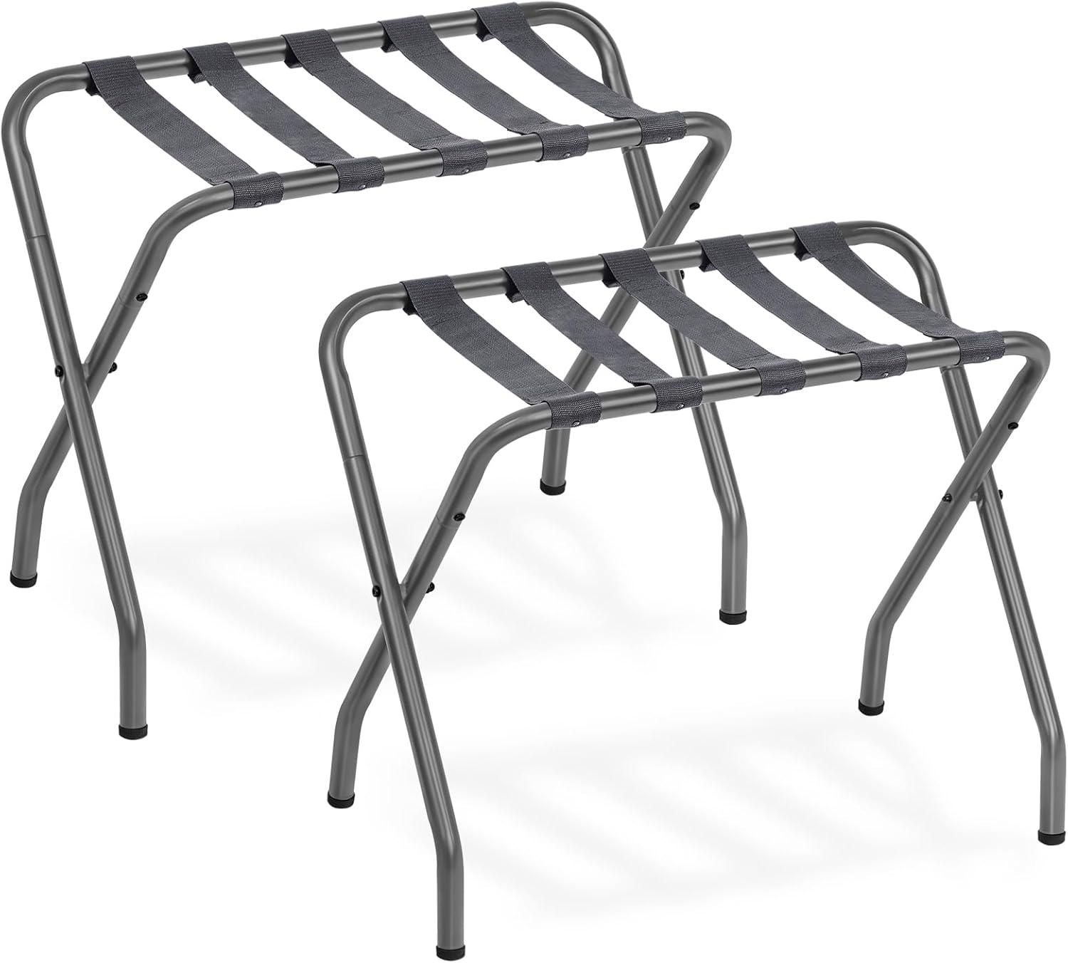 BINO 2-Pack Folding Luggage Rack Collapsible Metal Suitcase Stand With Durable Black Nylon Straps- For Bedroom, Guest Room, Or Hotel (Gray Steel)