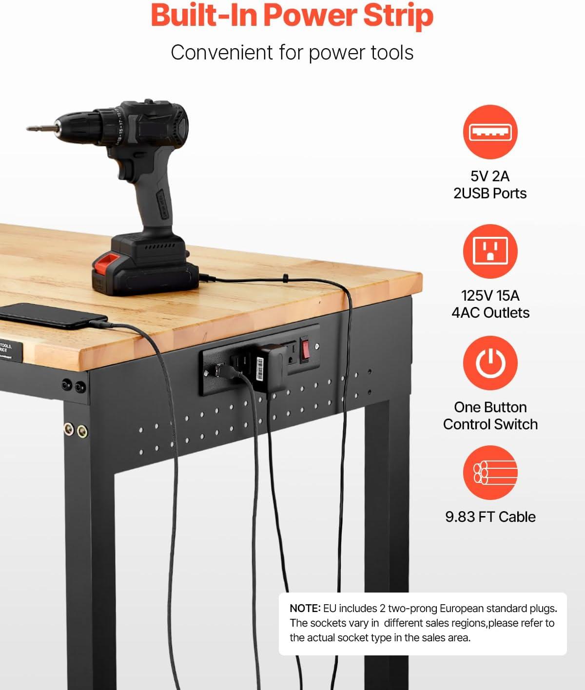 VEVOR 61'' W Wood Top Height-Adjustable Workbench