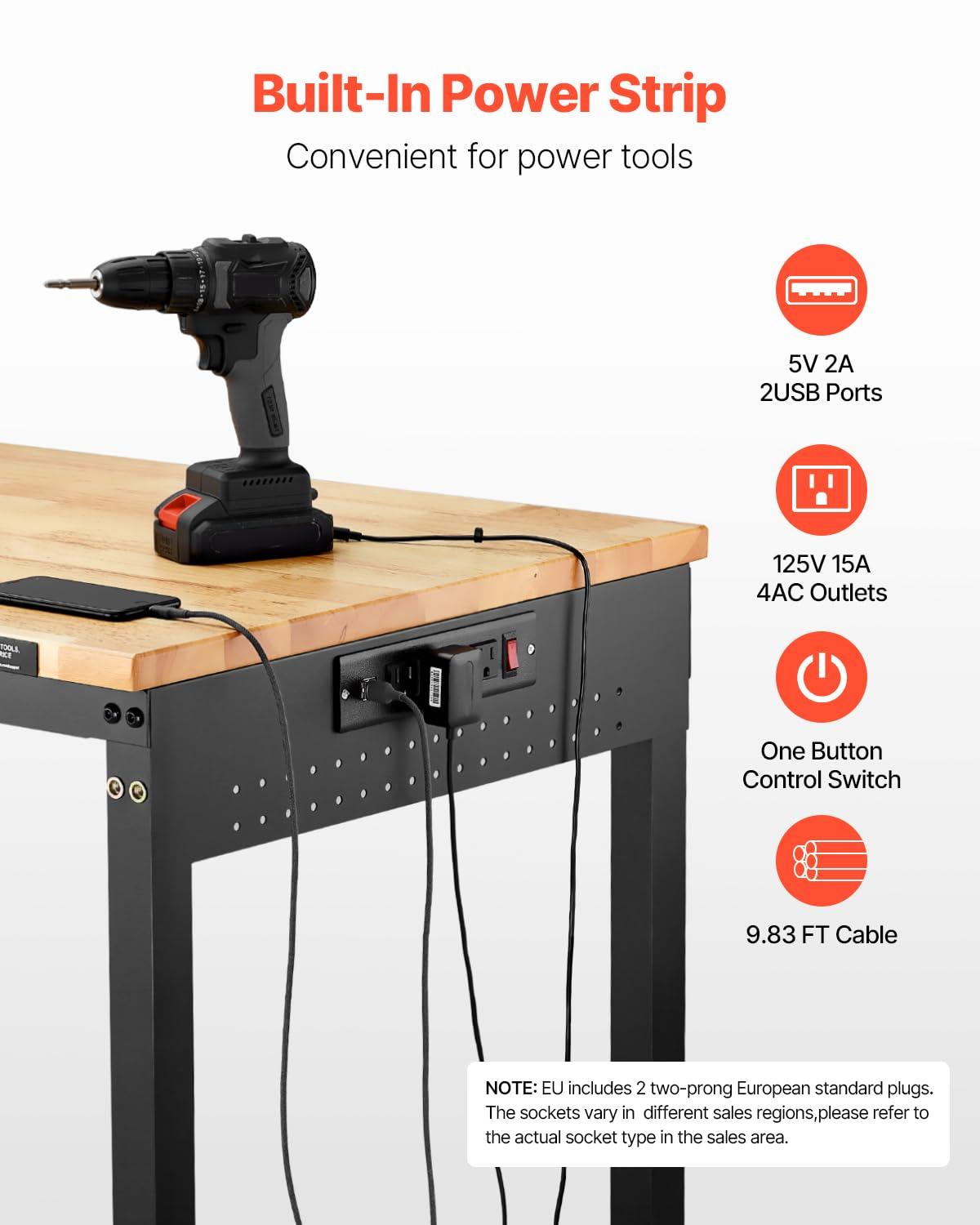 VEVOR 61'' W Wood Top Height-Adjustable Workbench