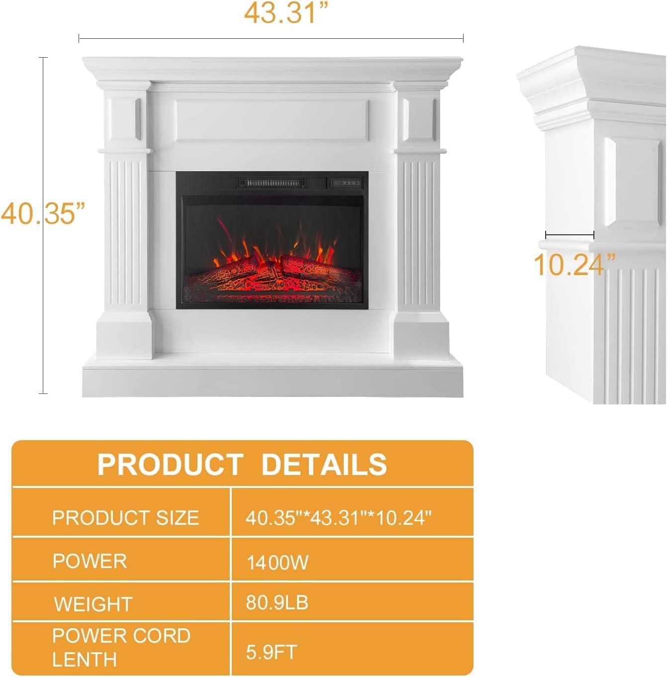 43" Electric Fireplace with Mantel, 1500W Freestanding Heater with Remote Control