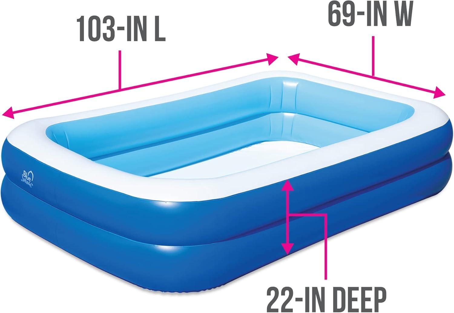 Blue and White Rectangular Inflatable Family Pool with Cover