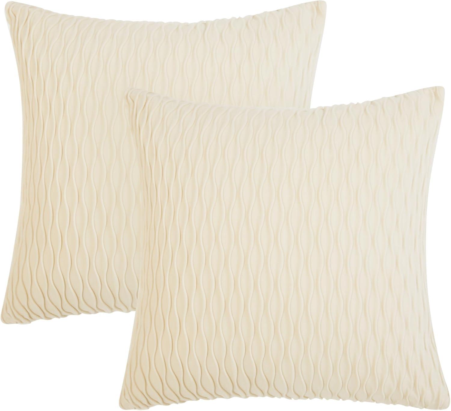 Deconovo Decorative Velvet Throw Pillow Covers, Set of 2, Soft & Elegant Cushion Covers for Sofa, Bedroom, Living Room & Home Decor, Wave/Cream White, 16x16 Inch