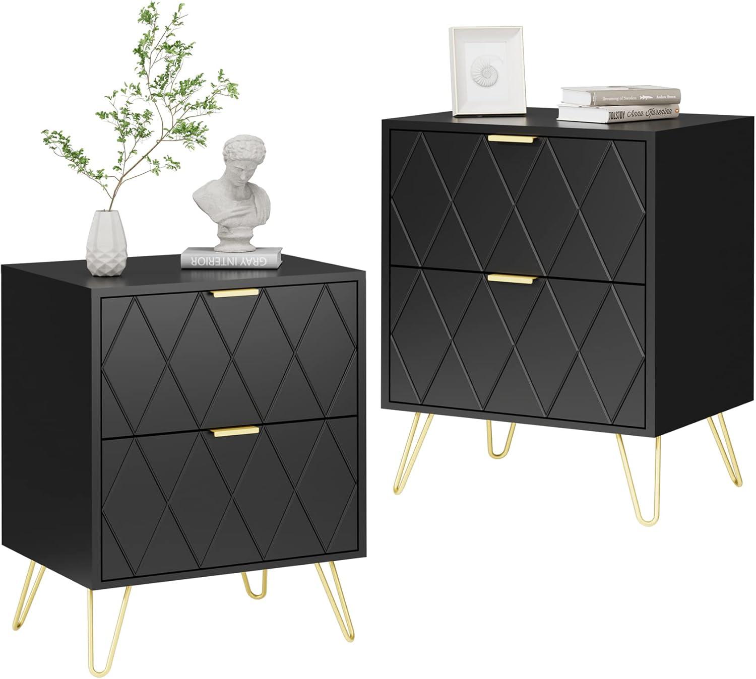 Eclife Set of 2 Black Nightstand End Table 2 Drawers Dressers Modern Mid Century Accent Bedside Tables Stand Wood with Gold Handle Legs for Adult Makeup Bedroom Living Room