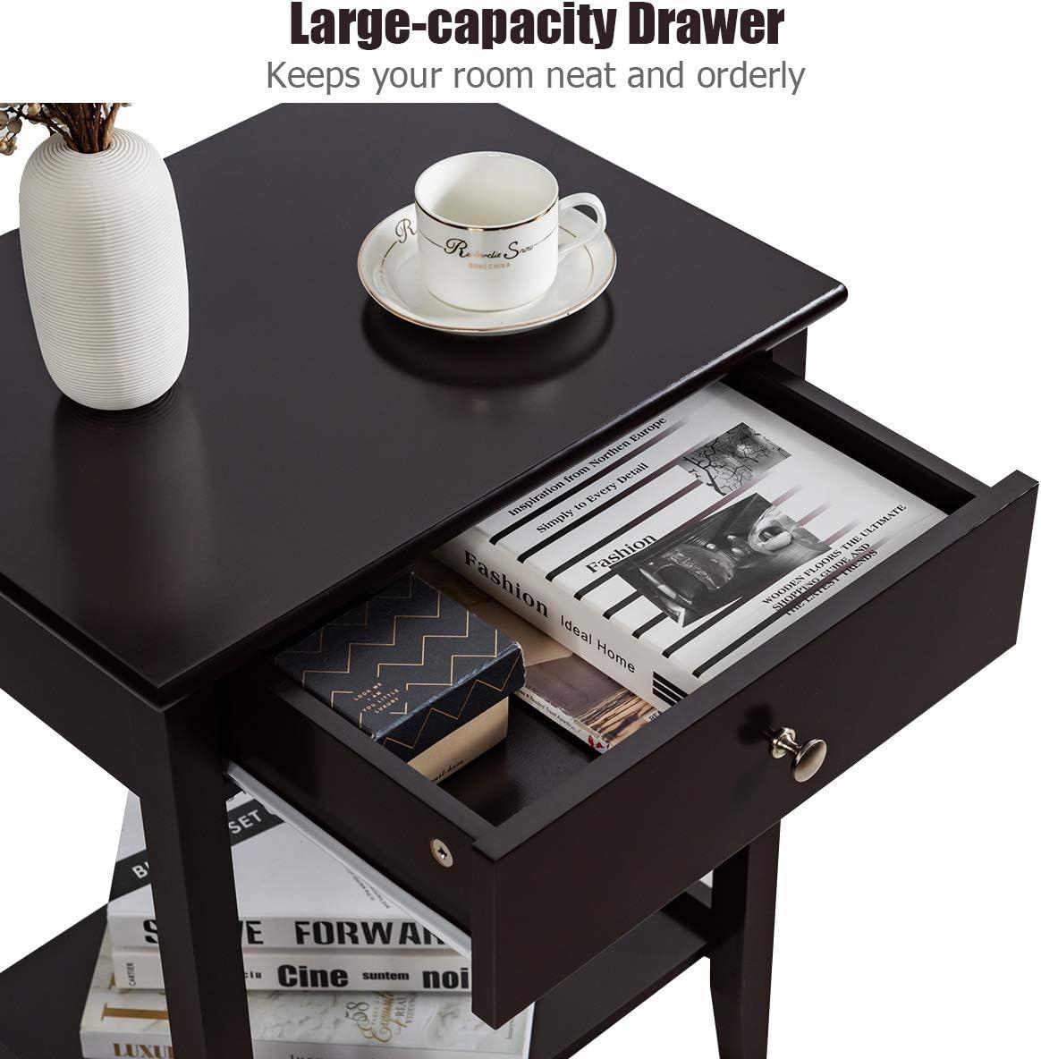 Tangkula End Table Nightstand w/Drawer & Shelf Bedroom Living Room Furniture Brown