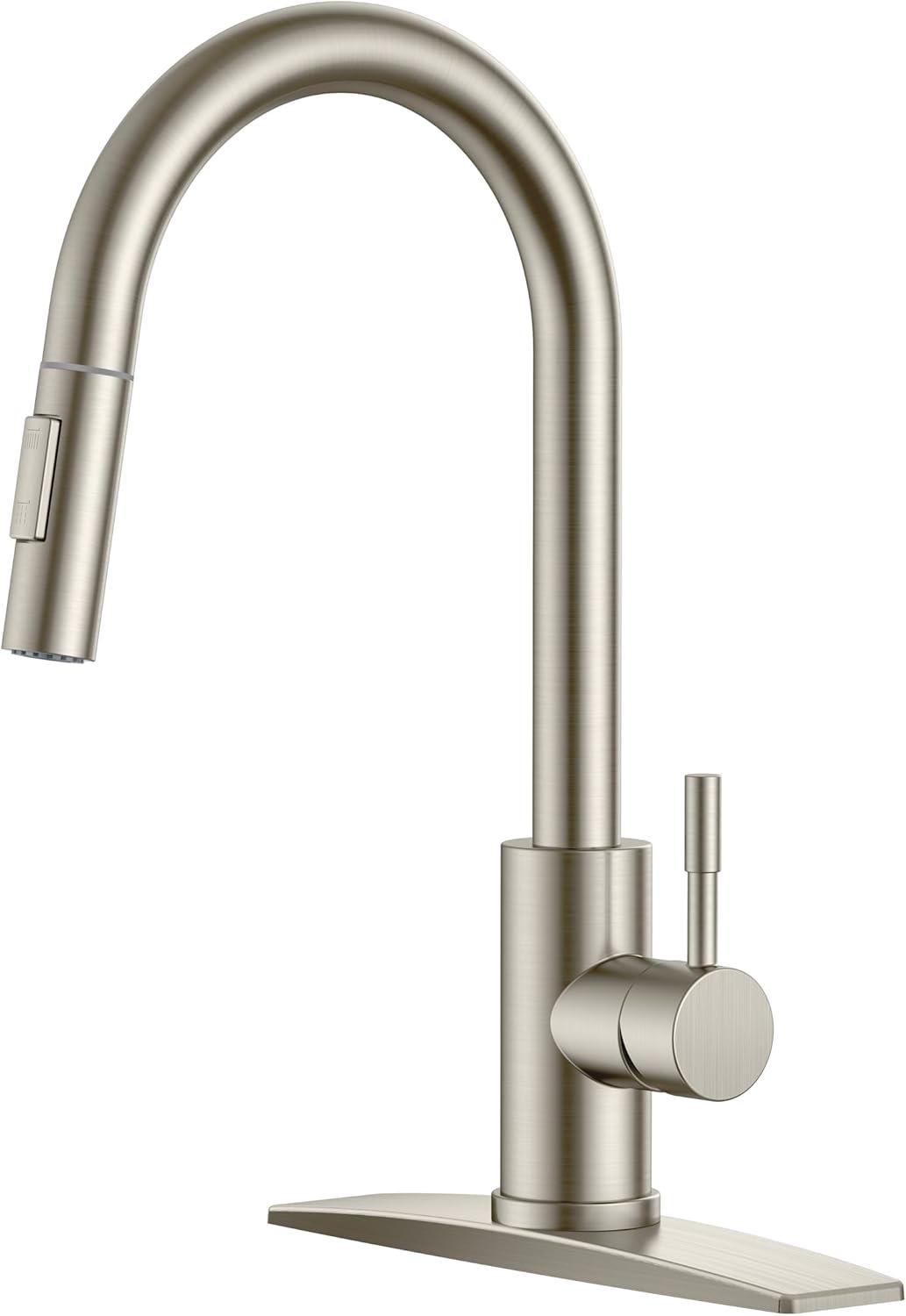 Kitchen Faucets, Brushed Nickel Kitchen Faucet with Pull Down Sprayer, Modern Kitchen Sink Faucet Stainless Steel, High Arc Gooseneck Faucet for Kitchen Sink, Bar, Farmhouse, Laundry