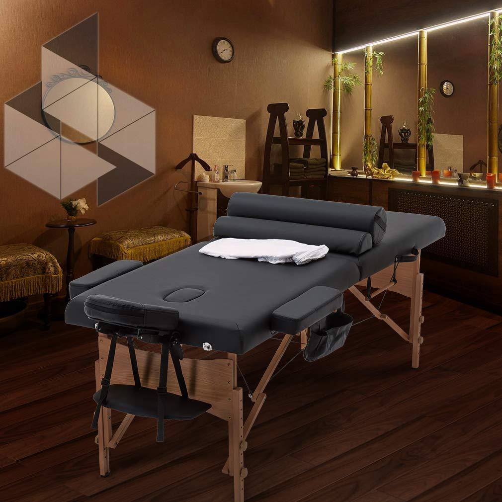 FDW Massage Table 73 Inch Heigh Adjustable 2 Fold Portable Massage Table W/Sheet Cradle Cover 2 Bolster Hanger Facial Salon Tattoo Bed (Black)
