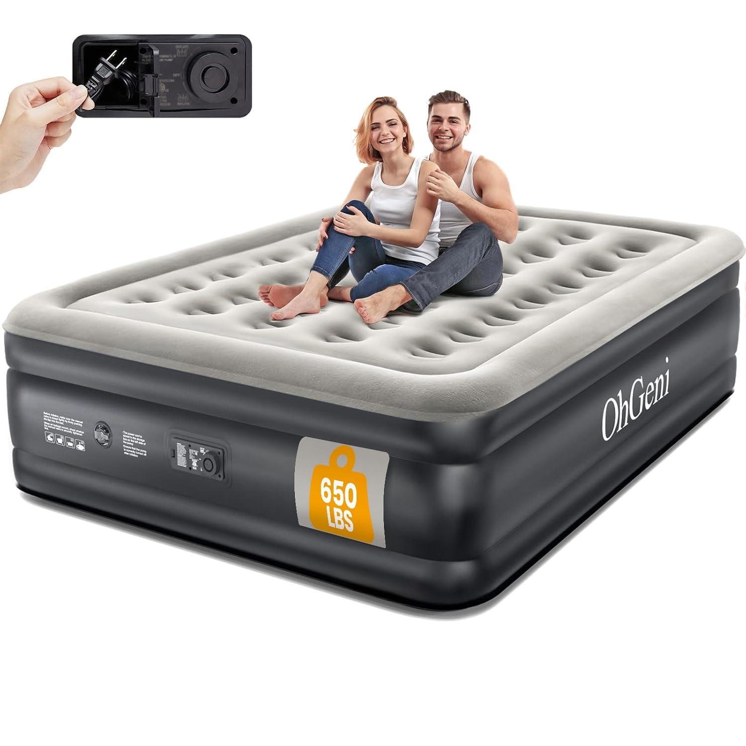 OhGeni Queen Raised Black PVC Air Mattress with Pump