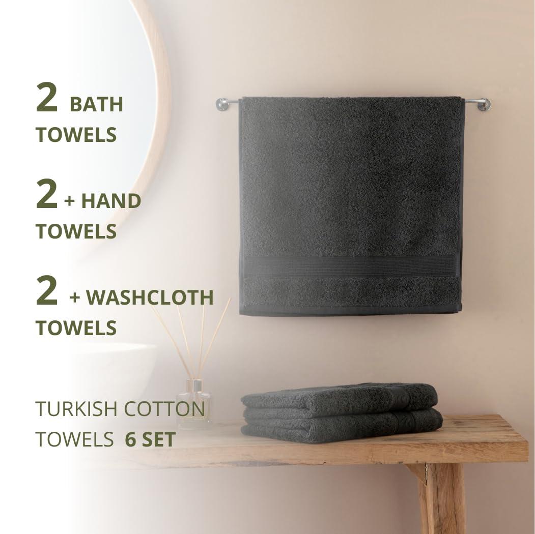 6-Piece Fade Resistant Bath towel, Hand and Washcloth Set - Cotton, Black