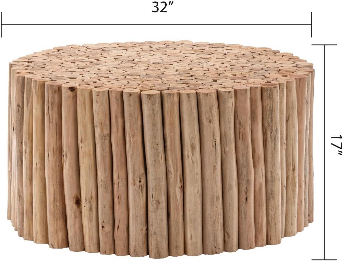 32" Round Coffee Table, Wood Center Table, Circle Drum Tea Table with Handcrafted Relief for Living Room