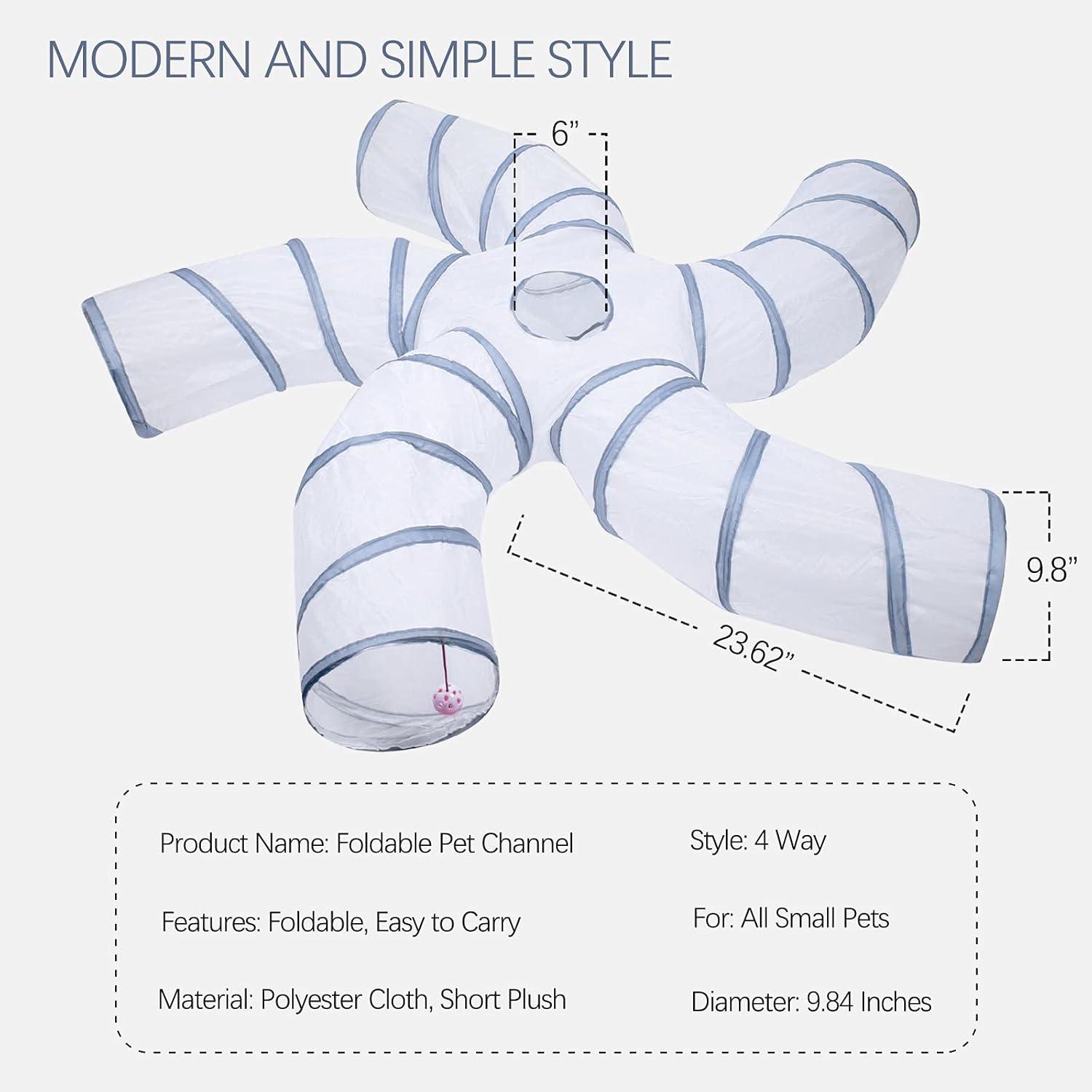 EGETOTA Cat Tunnel for Indoor Cats Large, with Play Ball S-Shape 4 Way Collapsible Interactive Peek Hole Pet Tube Toys, Puppy, Kitty, Kitten, Rabbit (S4 - White & Grey)