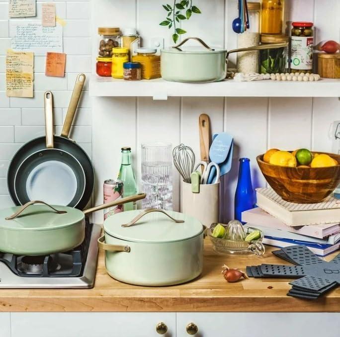 Beautiful 12pc Ceramic Non-Stick Cookware Set, Sage Green by Drew Barrymore