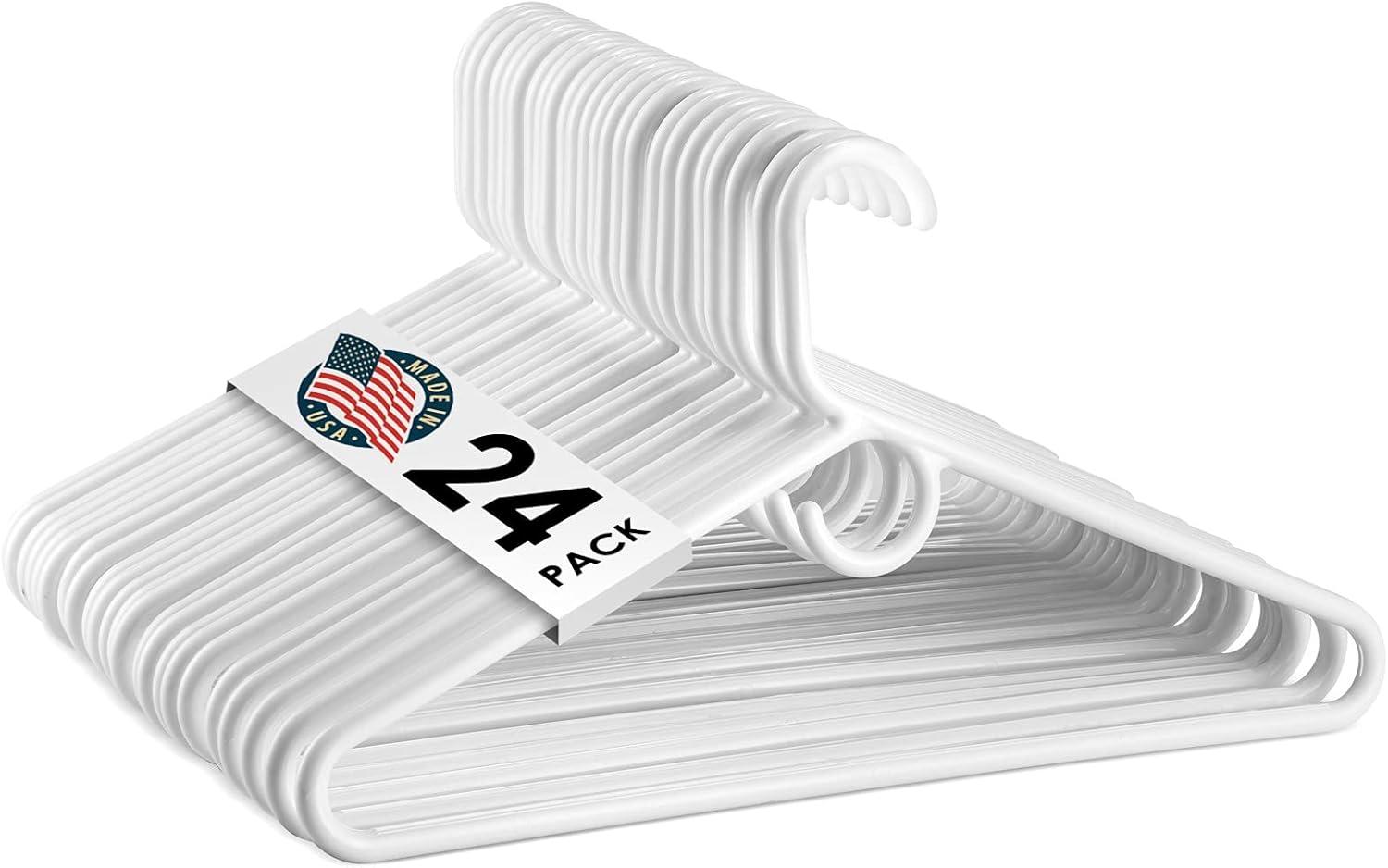 Hangorize USA-Made Heavy Duty Plastic Hangers, White - Pack of 24 Clothes Hangers with Hook for Scarves, Belts, Straps - Clothing, Suit, and Coat Hangers for Everyday Use