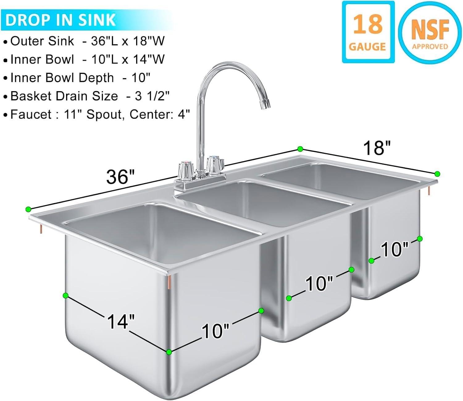 37" L x 18" W Stainless Steel 3 Compartment Drop in Sink