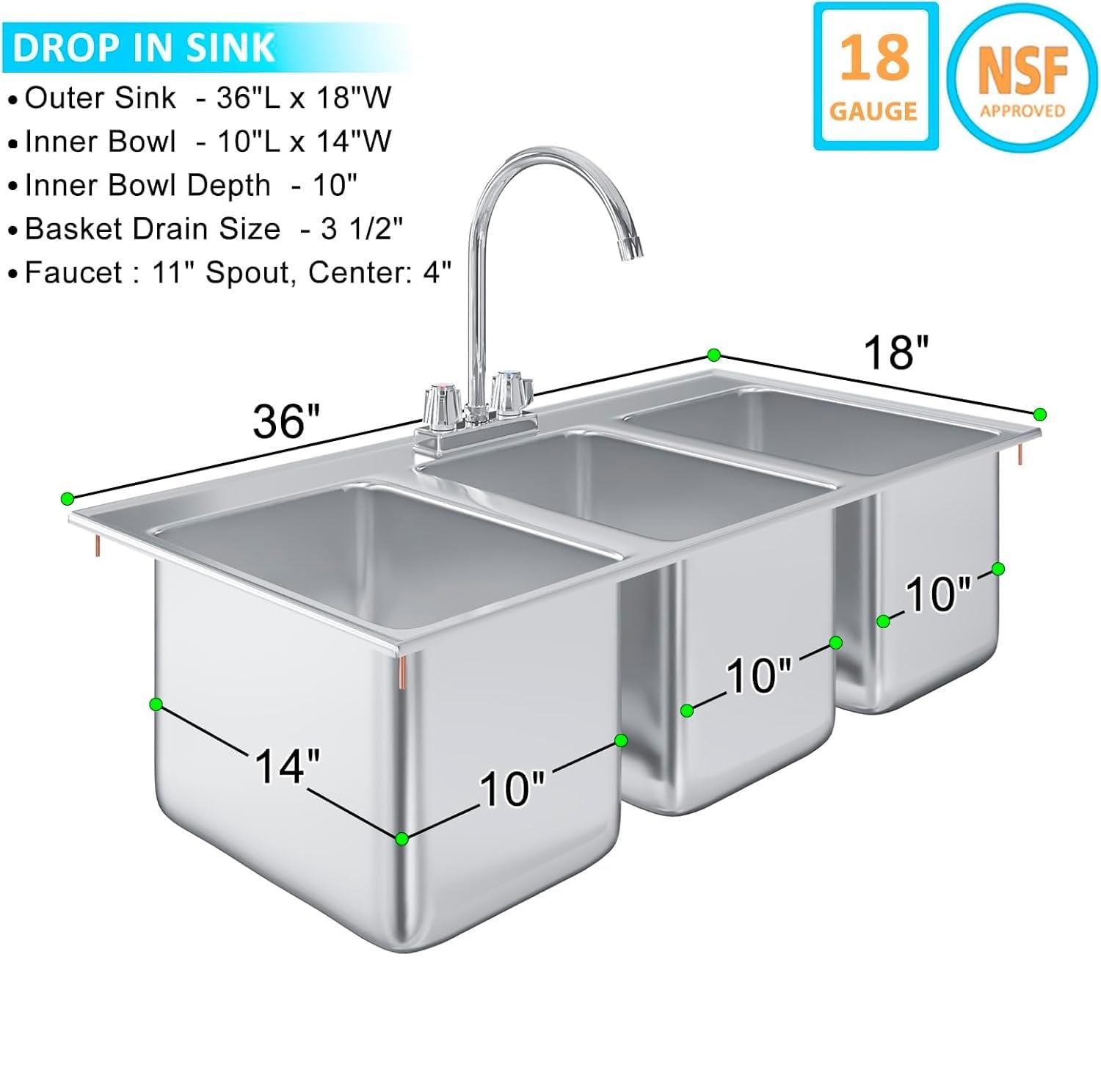 37" L x 18" W Stainless Steel 3 Compartment Drop in Sink