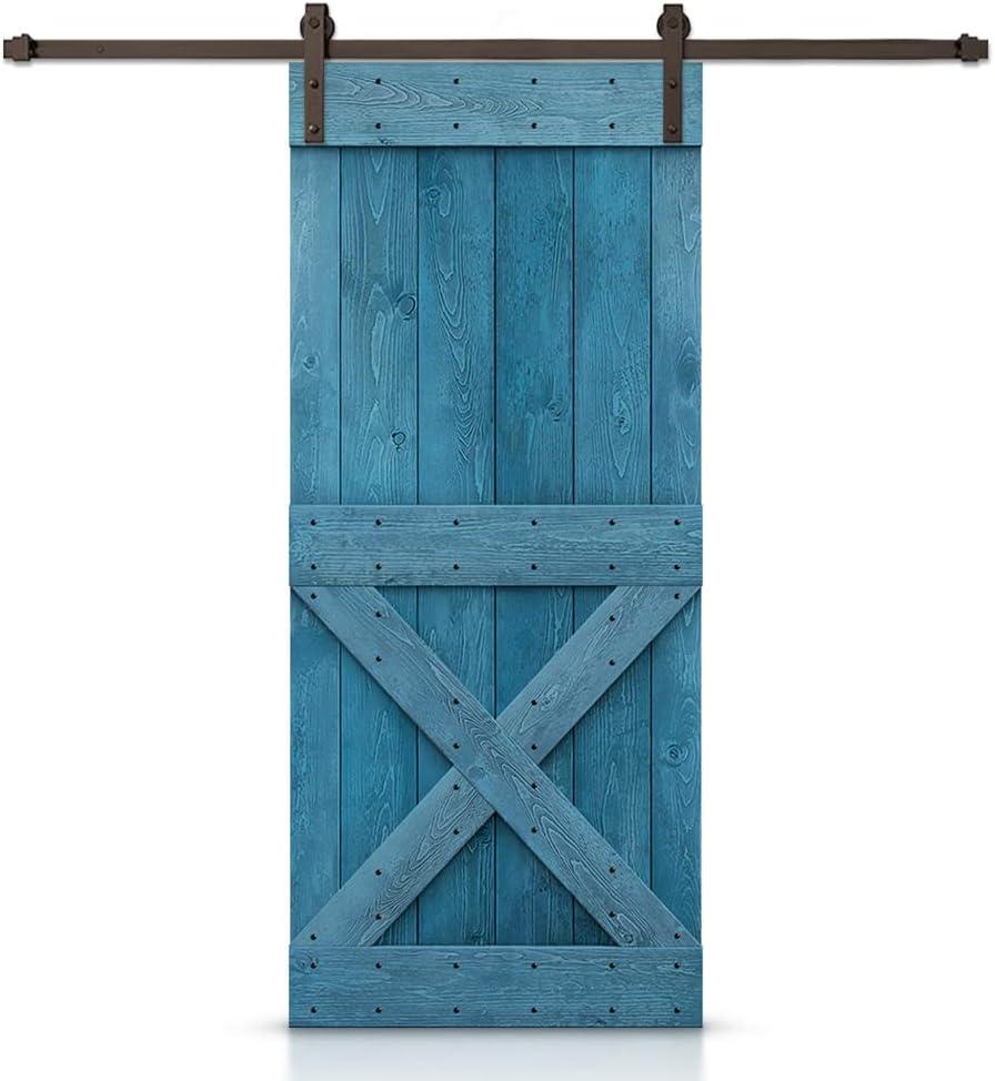 Ocean Blue Knotty Pine Wood Sliding Barn Door with Oil-Rubbed Bronze Hardware