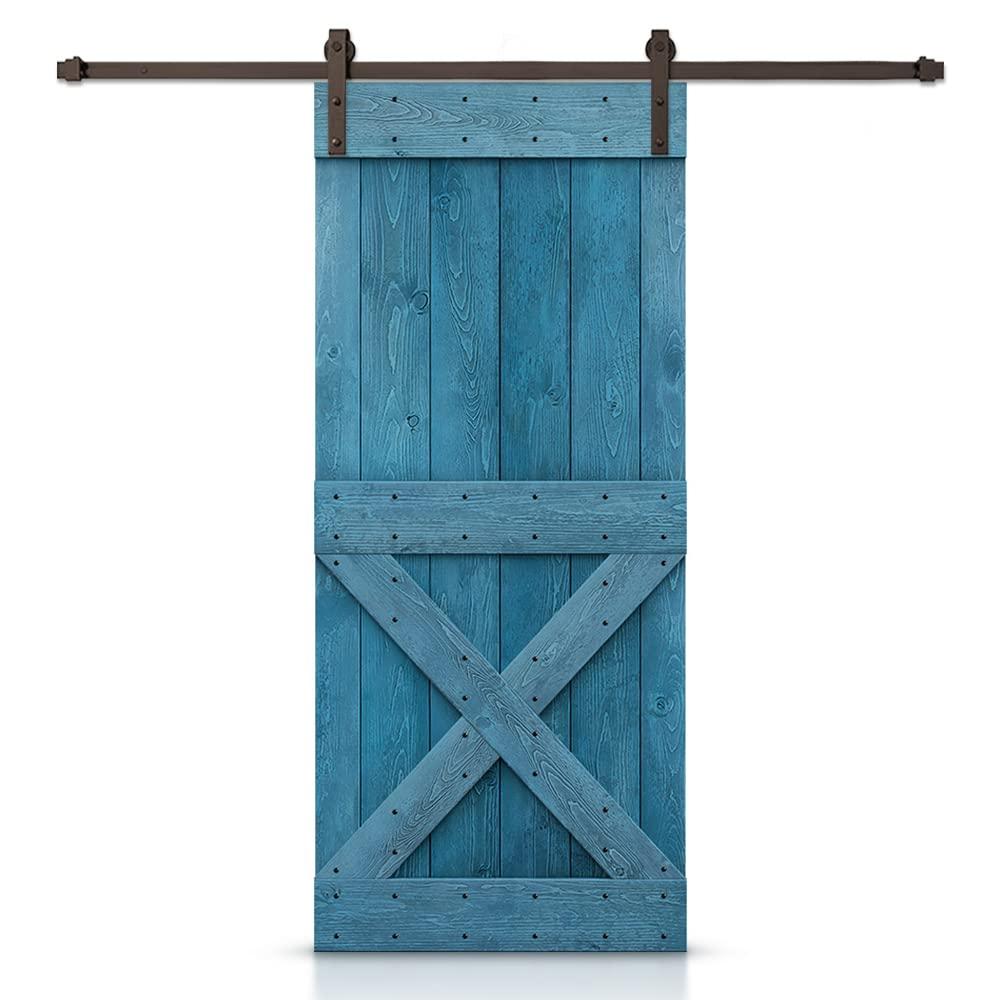 Ocean Blue Knotty Pine Wood Sliding Barn Door with Oil-Rubbed Bronze Hardware