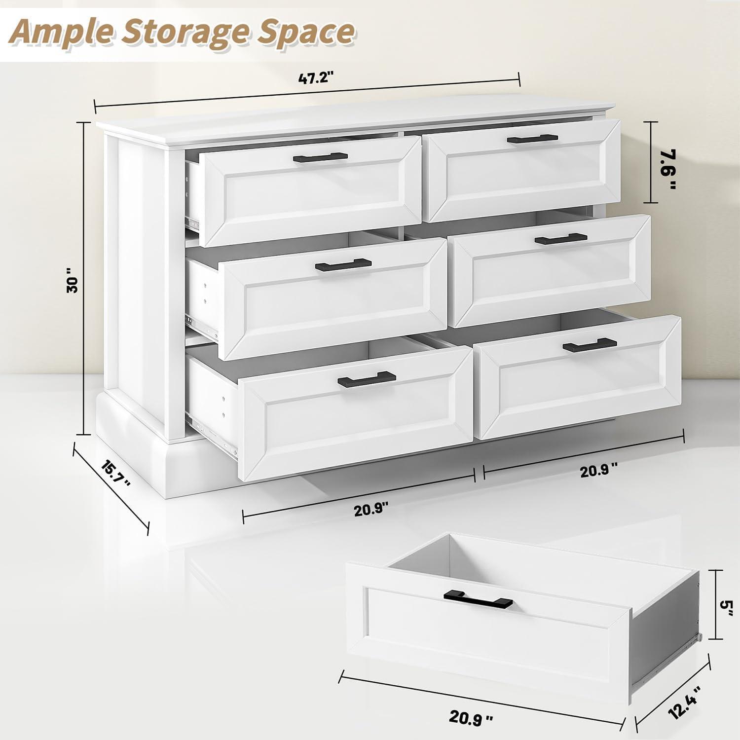 White 6 Drawer Dresser for Bedroom, Modern Chest of Drawers with Deep Drawers, Wood Double Dresser for Storage Clothes