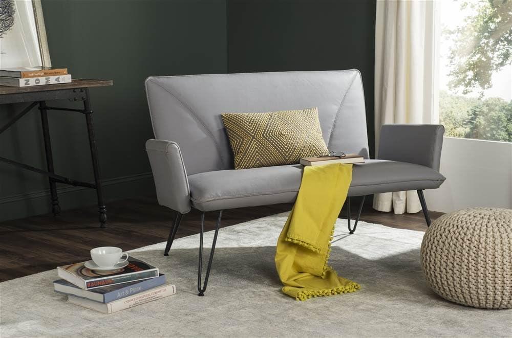 Gray Faux Leather Flared Arm Settee with Metal Legs