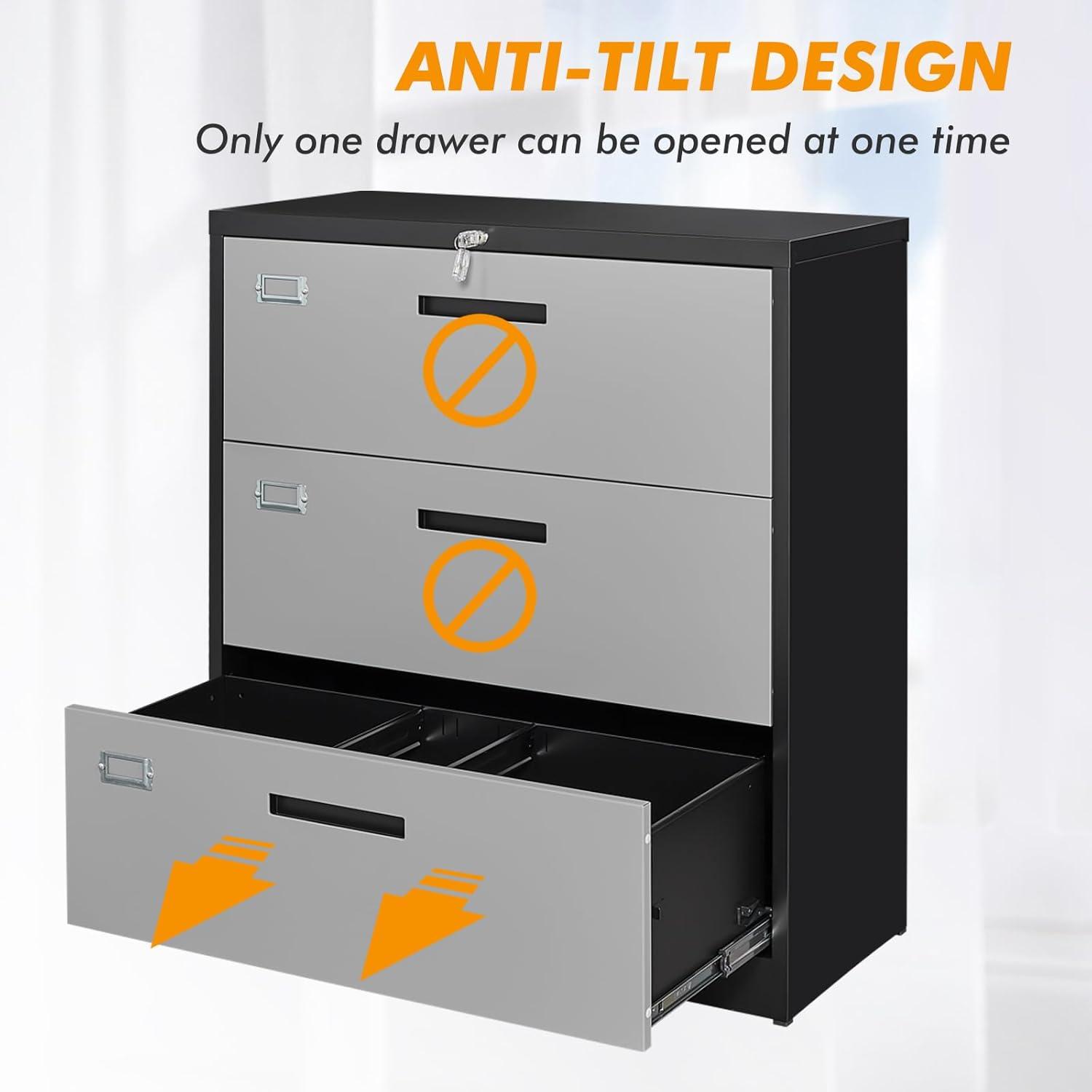 Letaya File Cabinet with Lock-Lateral 3 Drawer Metal Filing Cabinets-Organization Storage for Home Office-Hanging Letter/Legal/F4/A4 Size (Grey Black)