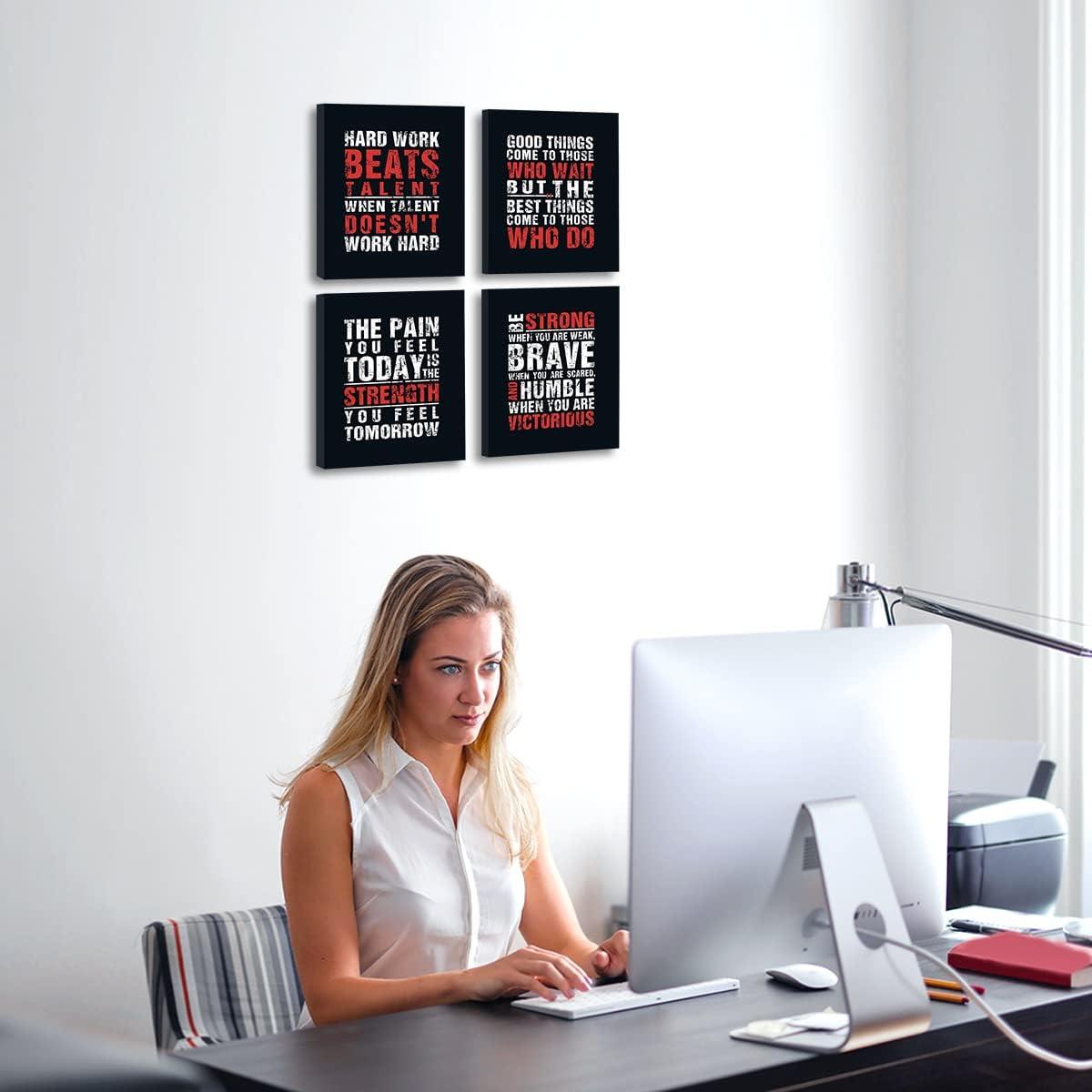 HPNIUB Inspirational Quotes Art Prints, Set of 4 (8”X10”), Chalkboard Motivational GYM Wall Art Poster, Hard Work Painting Be Strong Be Brave Wall Art for Classroom Kids Teens Bedroom Office, No Frame