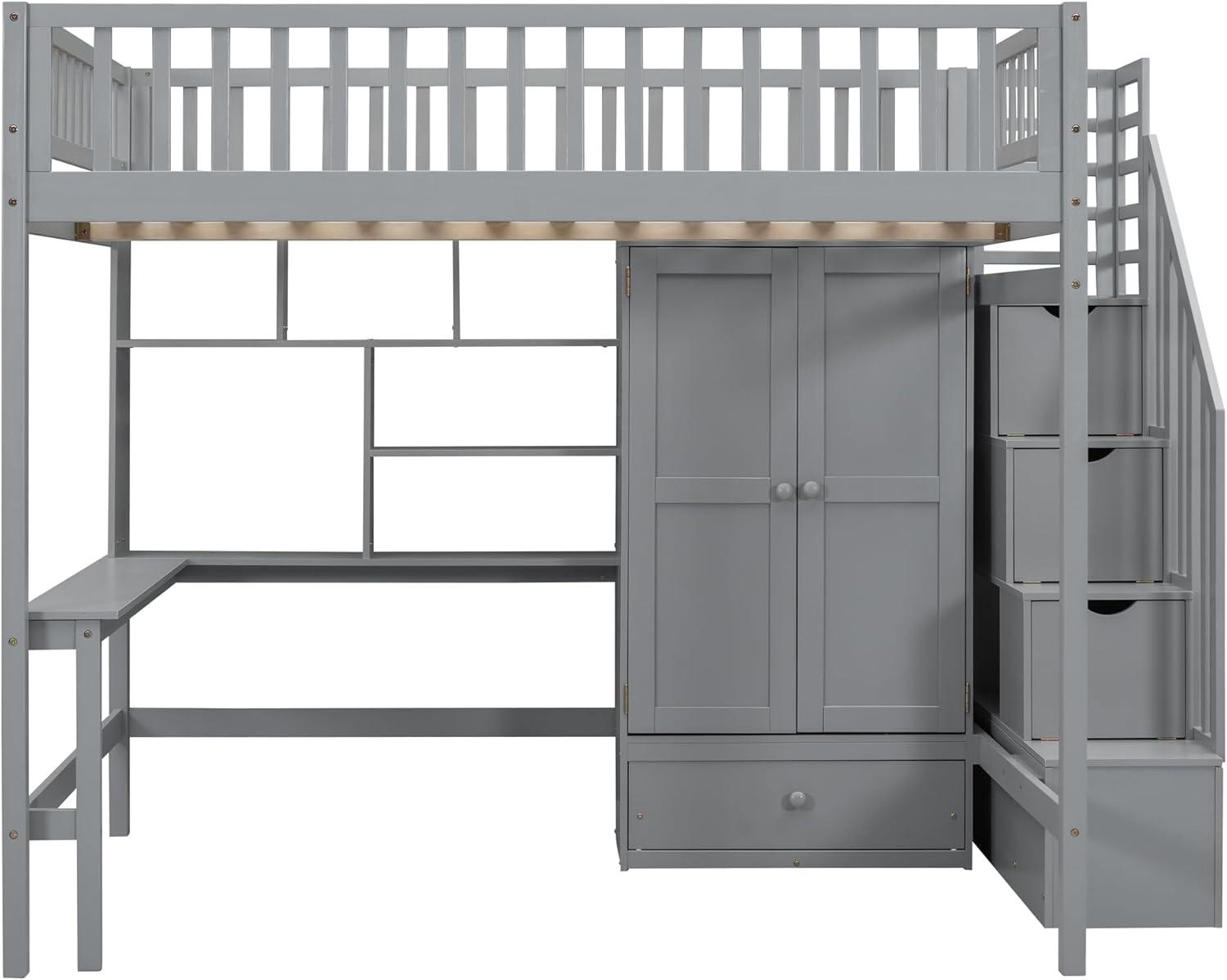 Bellemave Full Size Loft Bed with Stairs and Wardrobe, Wood Loft Beds Frame with Desk and Storage Drawers, Stairway Loft Bed for Kids, Teens & Adults（Gray）