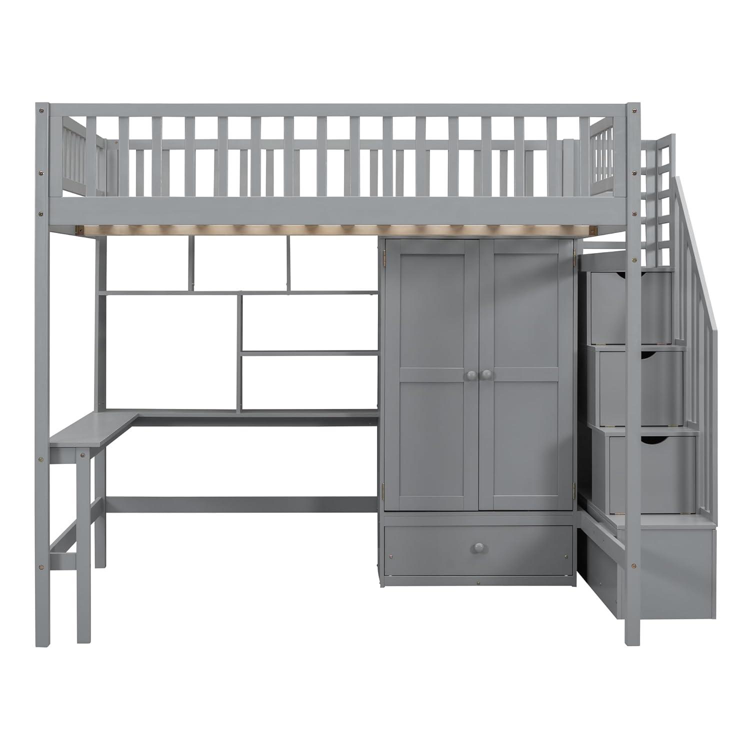 Bellemave Full Size Loft Bed with Stairs and Wardrobe, Wood Loft Beds Frame with Desk and Storage Drawers, Stairway Loft Bed for Kids, Teens & Adults（Gray）