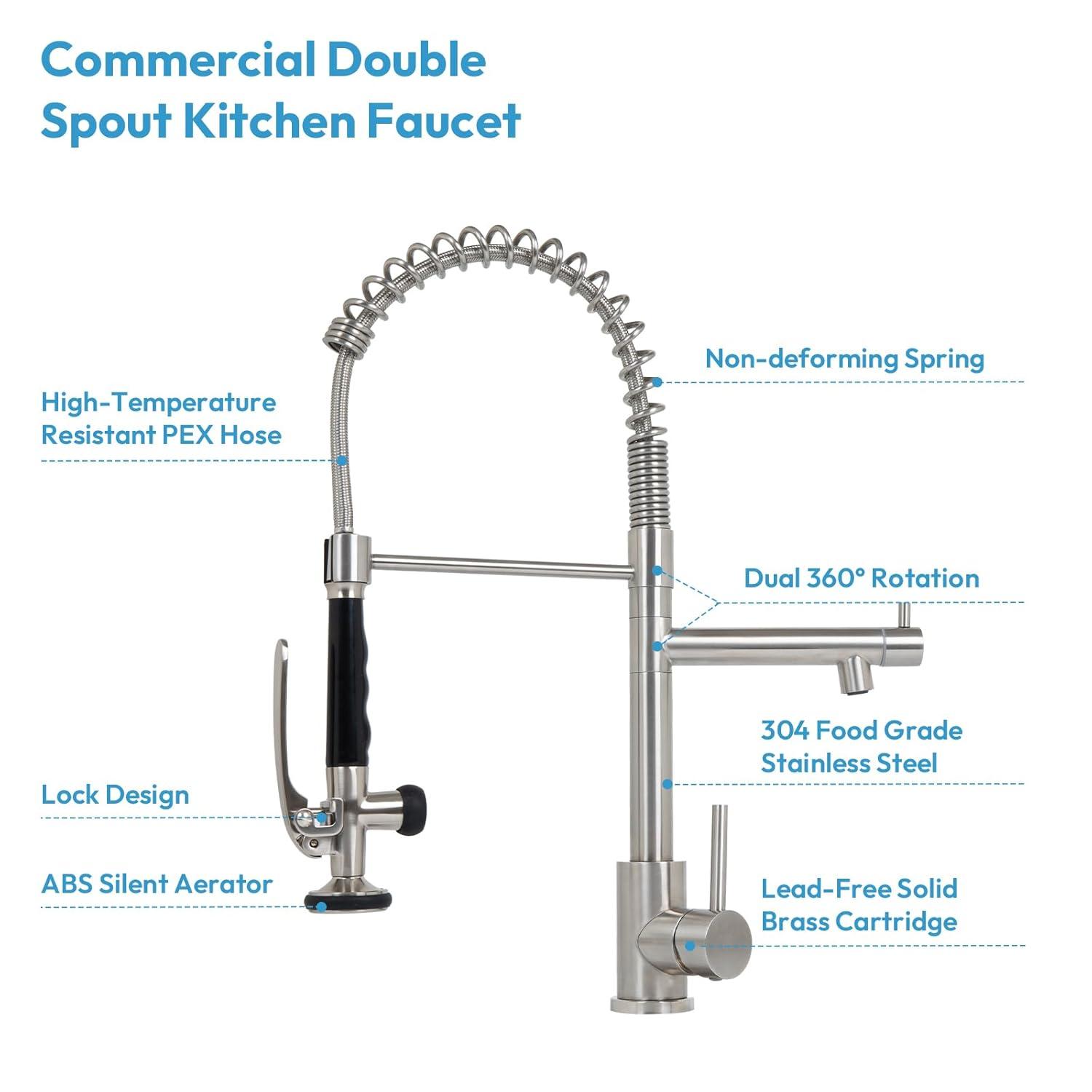 Besdor Kitchen Faucet with Pull Down Sprayer, Spring Single Handle Faucet for Kitchen Sink, Two Function Sprayer, 360-degree Rotation, with Deck Plate, 304 Food Grade Stainless Steel, Brushed Nickel