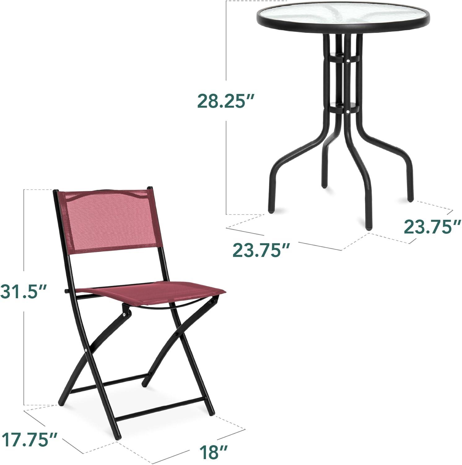 Best Choice Products 3-Piece Patio Bistro Dining Furniture Set w/ Glass Tabletop, Folding Chairs - Burgundy