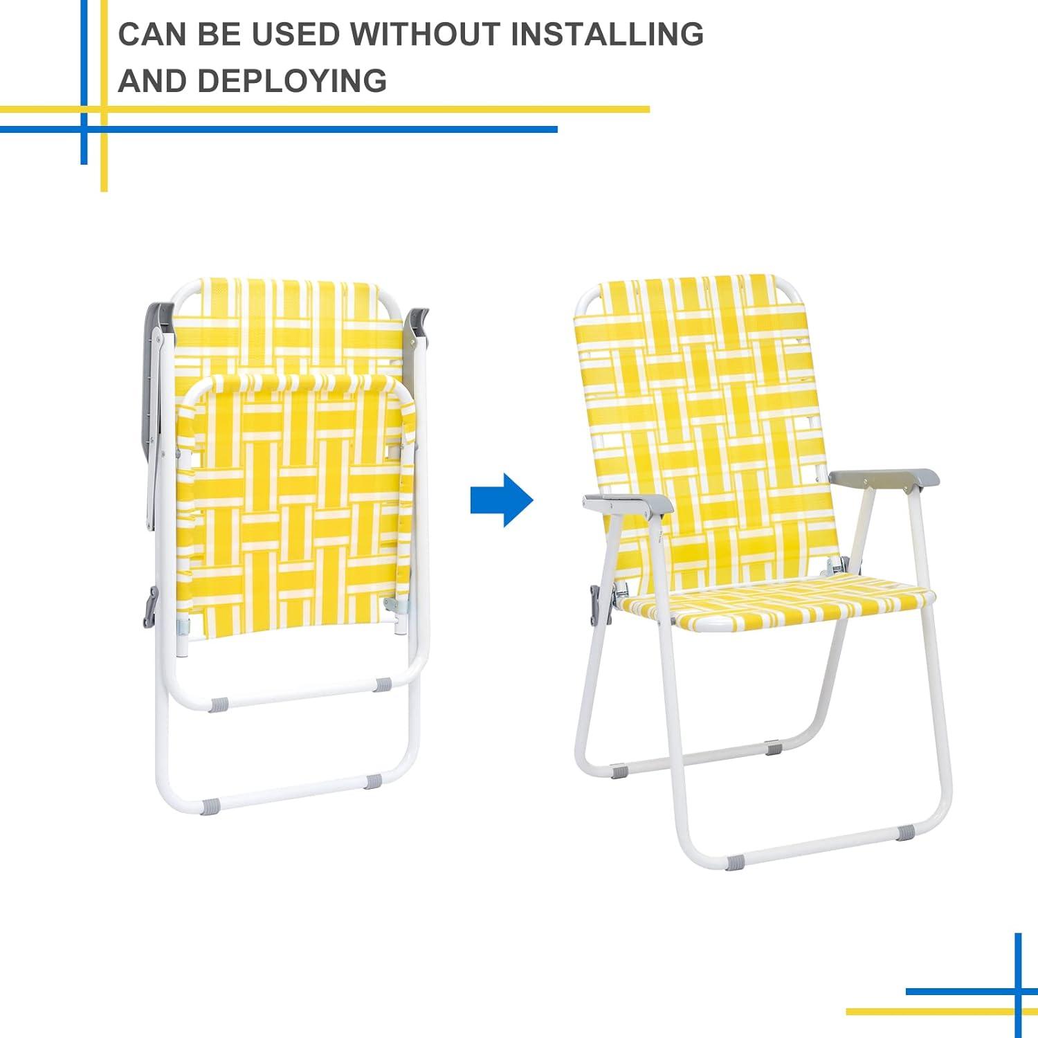 QueelQuest Patio Lawn Webbed Folding Chairs Set of 2, Outdoor Beach Portable Camping Chair for Yard, Garden Dining,Yellow