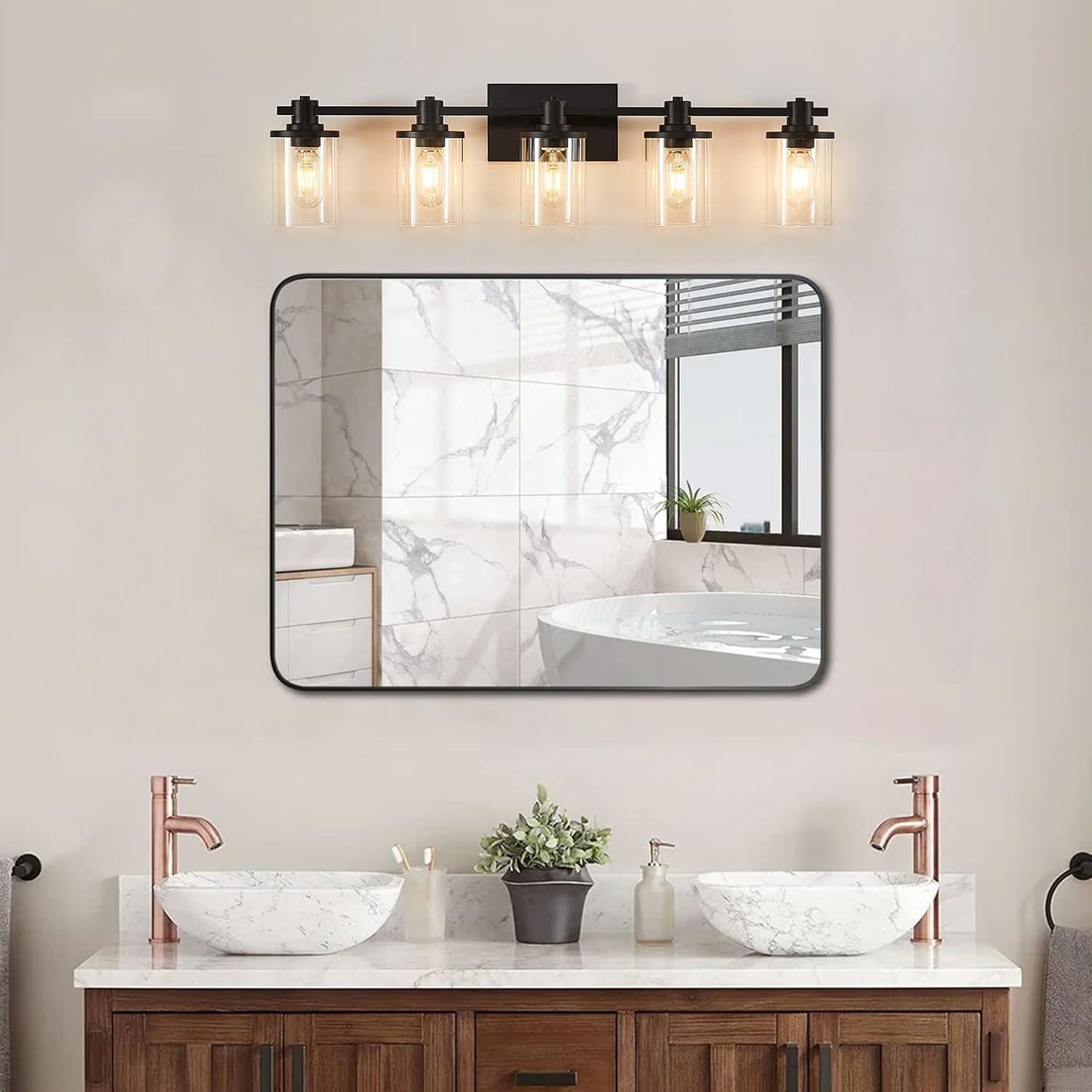 Matte Black 5-Light Bathroom Vanity Fixture with Glass Shades