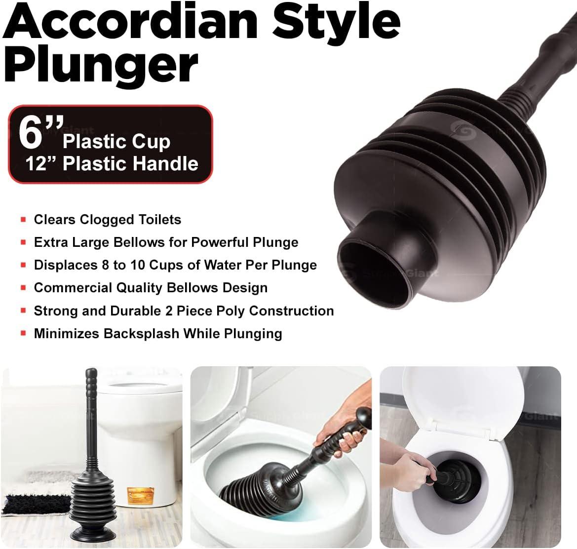 Supply Giant SU3227 Accordion Toilet Plunger, Unclogs Sinks, Toilets, and baths, with Large Bellows for Extra Powerful Plunge