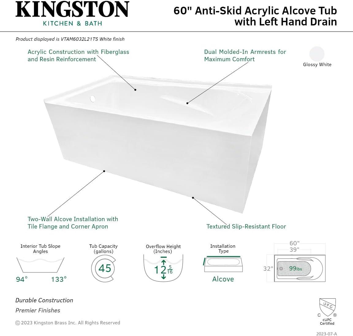 Kingston Brass Aqua Eden 60-Inch Acrylic Rectangular 2-Wall Corner Alcove Tub, Hand Drain