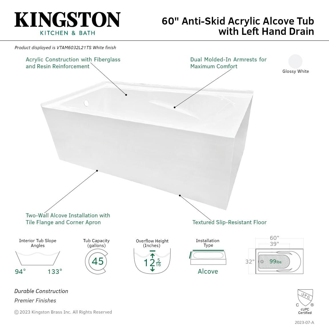 Kingston Brass Aqua Eden 60-Inch Acrylic Rectangular 2-Wall Corner Alcove Tub, Hand Drain