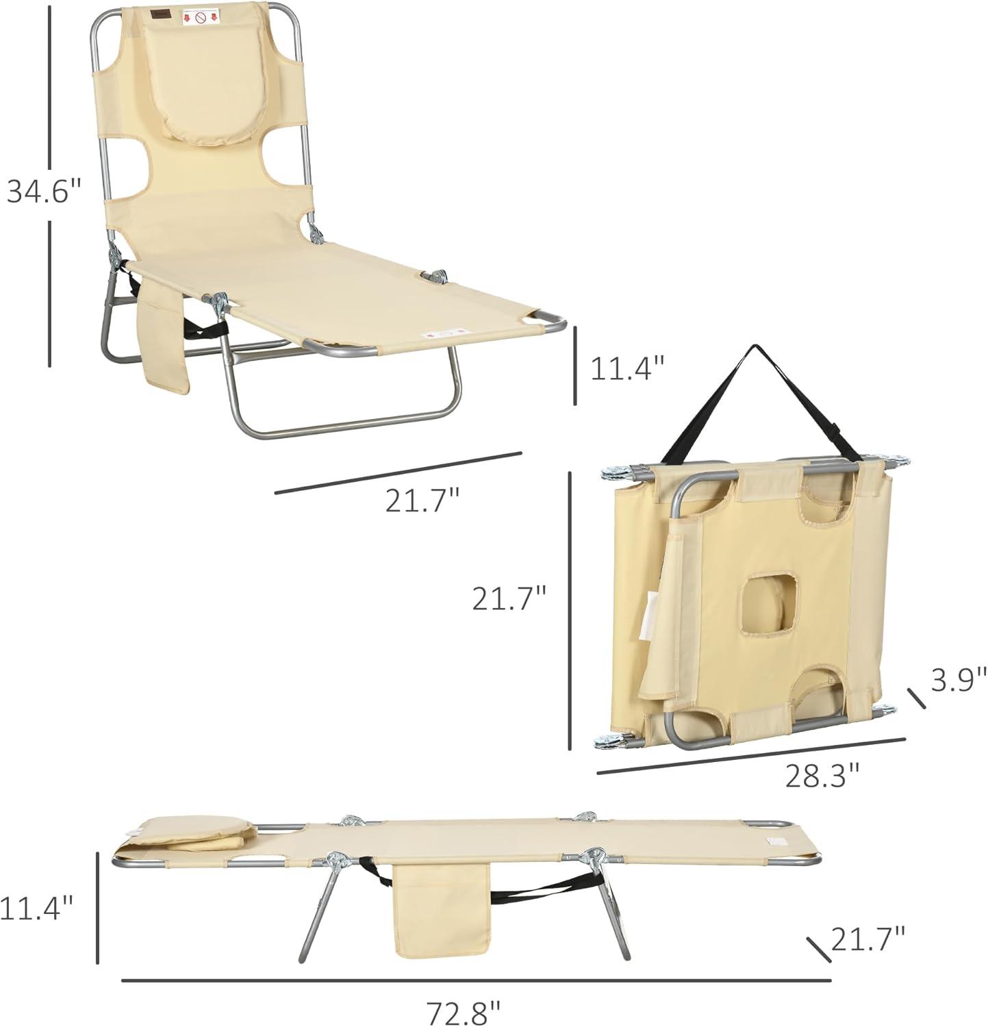 Outsunny Folding Beach Lounge Chair with Face Hole and Arm Slots, 5-Level Adjustable Sun Lounger Tanning Chair with Pillow for Patio, Garden, Beach, Pool, Dark Blue