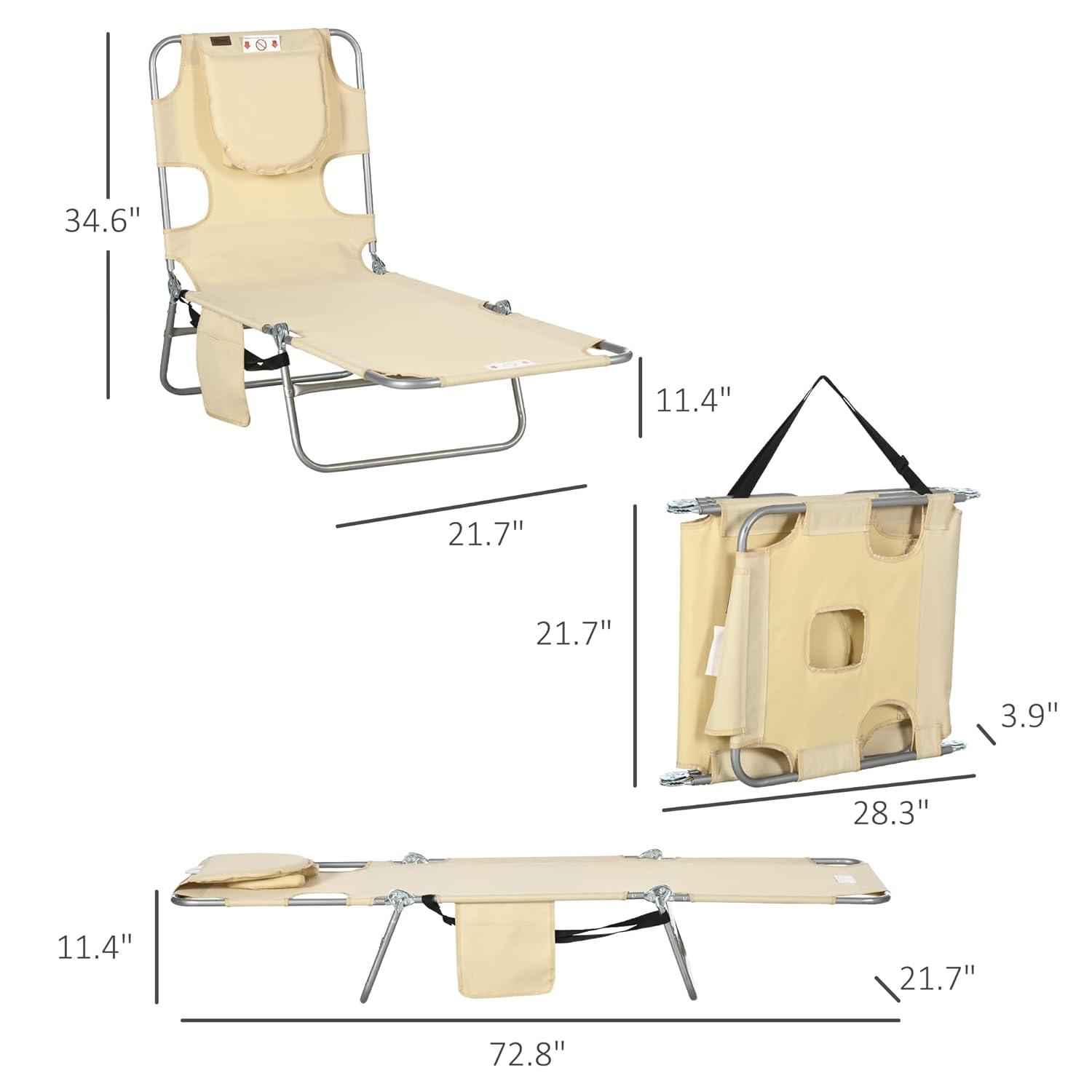 Outsunny Folding Beach Lounge Chair with Face Hole and Arm Slots, 5-Level Adjustable Sun Lounger Tanning Chair with Pillow for Patio, Garden, Beach, Pool, Beige