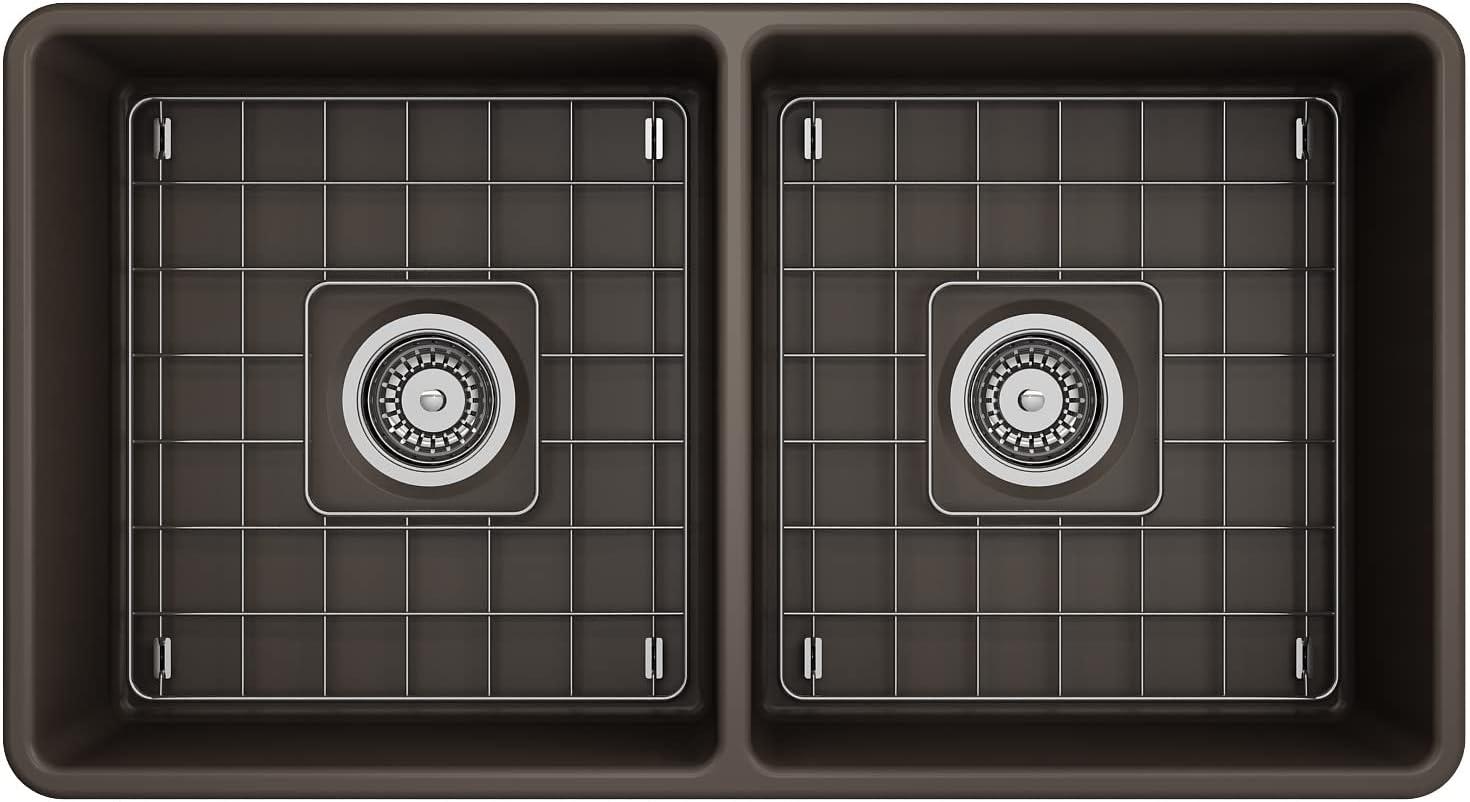 Matte Gray Fireclay Double Bowl Farmhouse Kitchen Sink