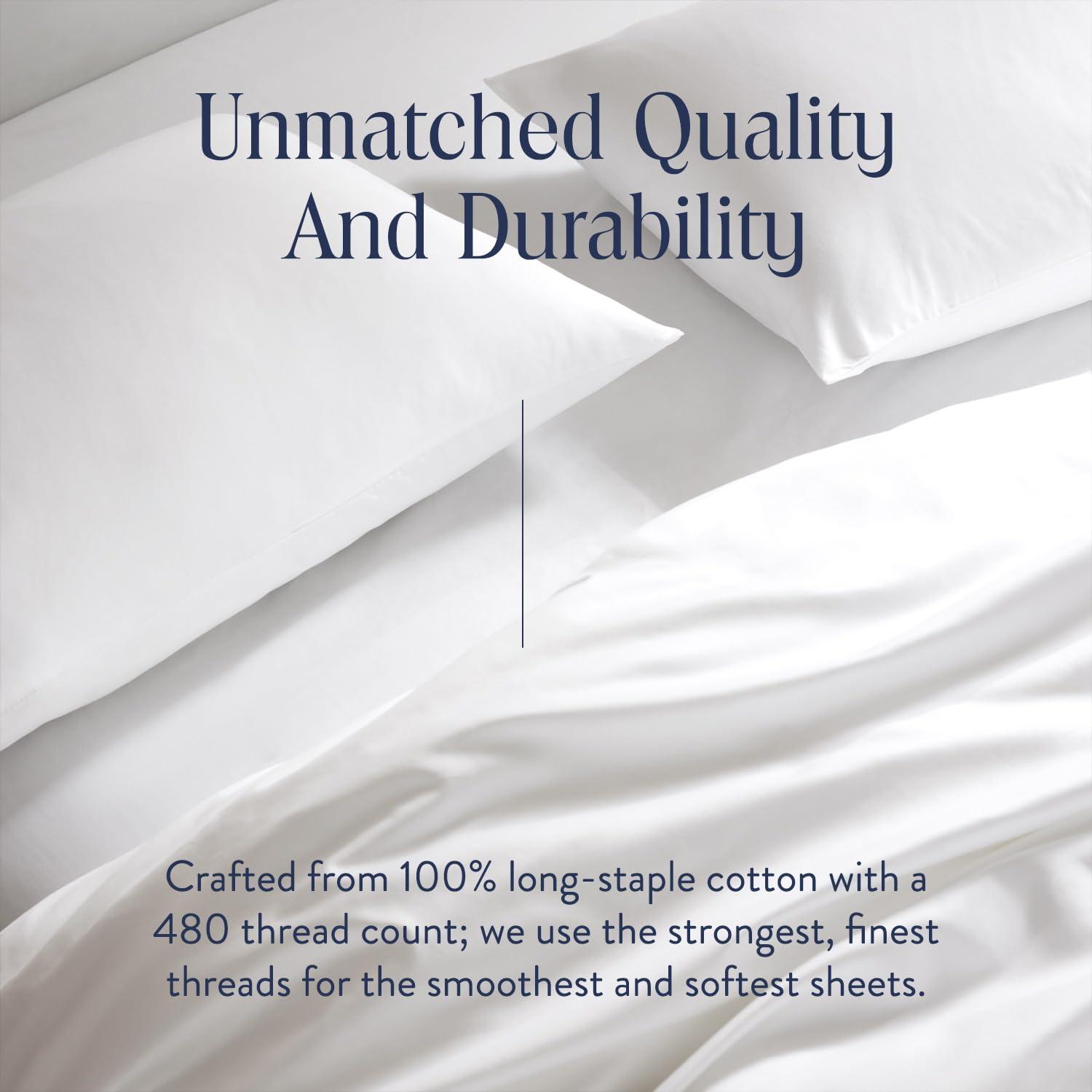 Brooklinen Luxury Sateen 4 Piece King Size Sheets Set in White - 100% Cotton Sateen Sheets - 1 Fitted Sheet, 1 Flat Sheet, 2 Pillowcases