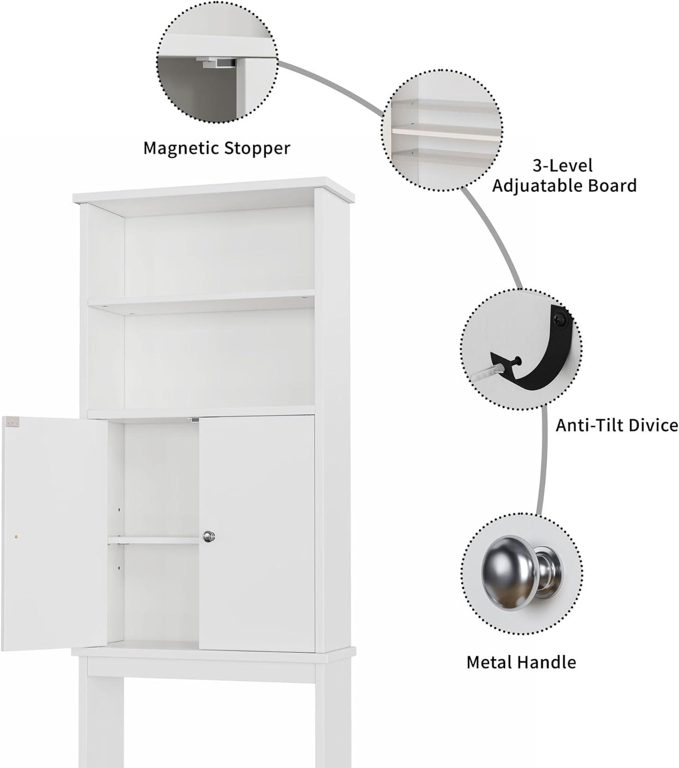 Shintenchi Over The Toilet Storage Cabinet, Bathroom above The Toilet Rack, Bathroom Adjustable Shelf Organizer with Open Bottom Bar and Anti-Tip Device, White