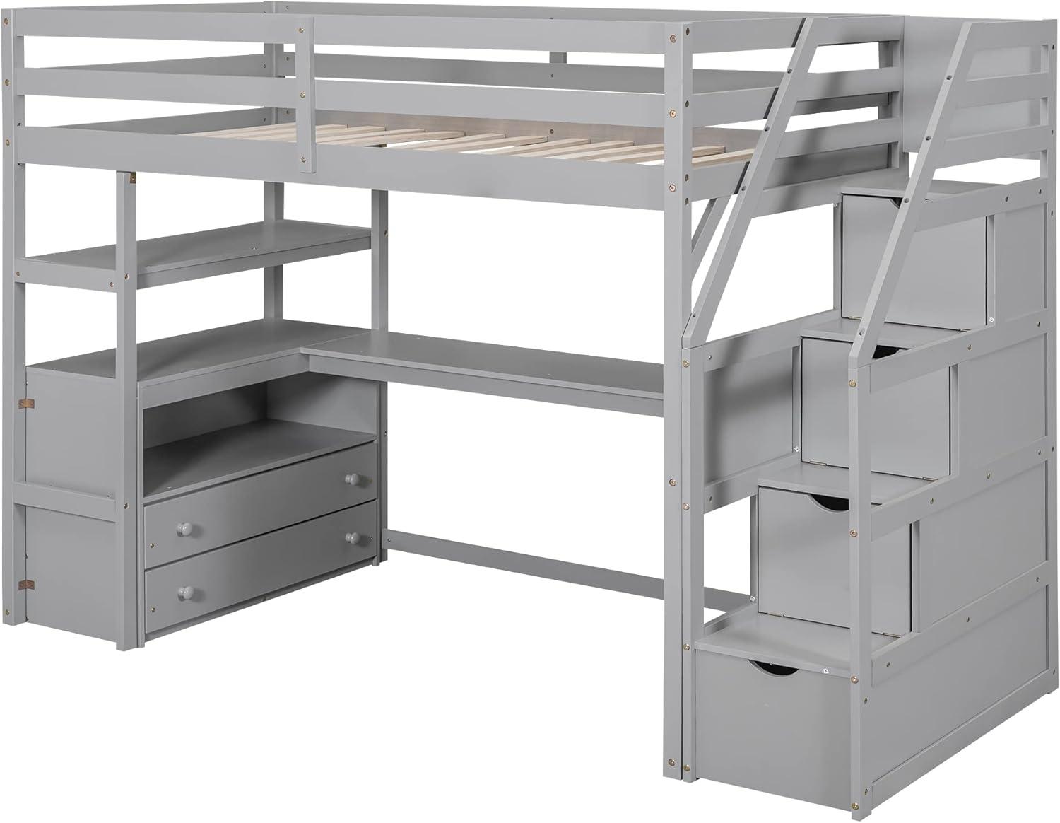 Stairway Twin Size Loft Bed with L Shape Desk, Shelves, Two Tier Drawers and Storage Staircase, Gray