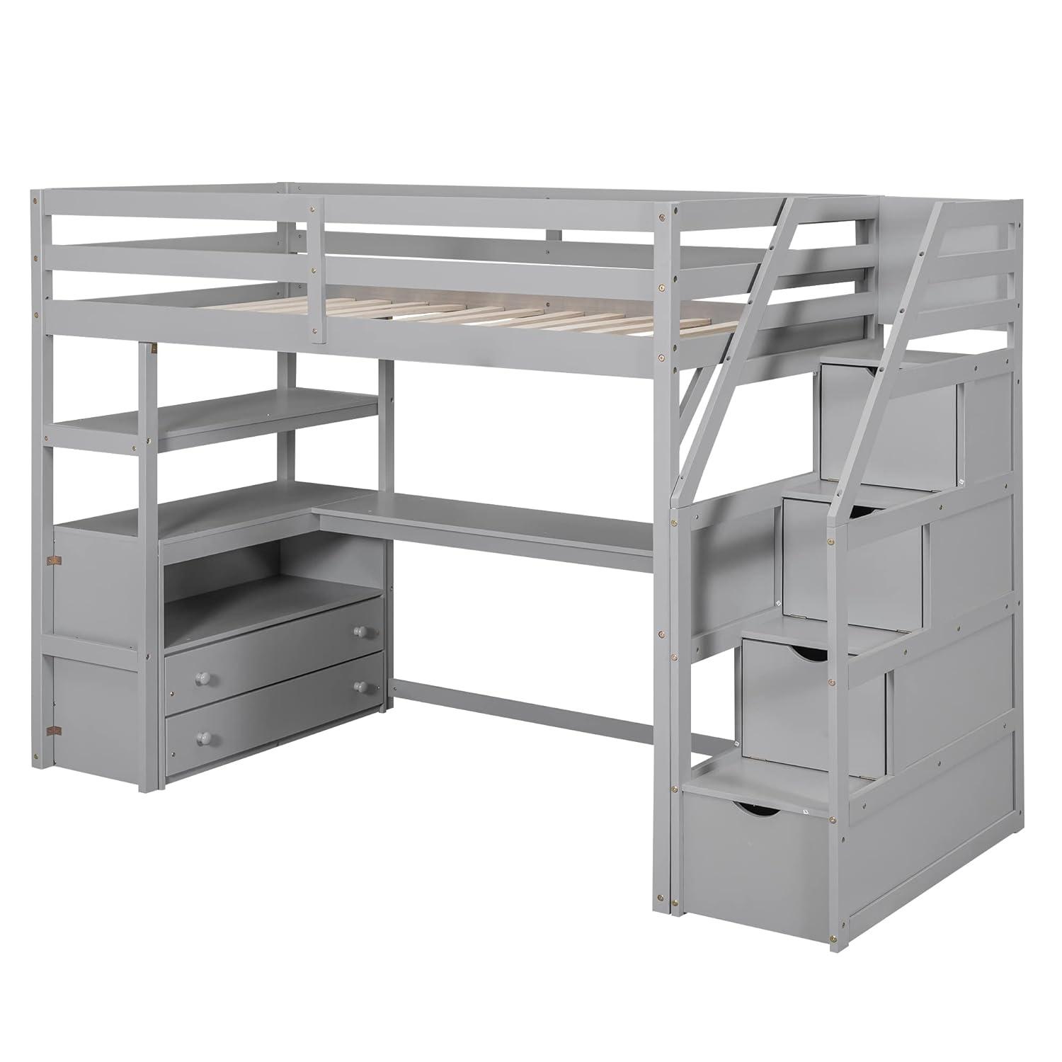 Stairway Twin Size Loft Bed with L Shape Desk, Shelves, Two Tier Drawers and Storage Staircase, Gray