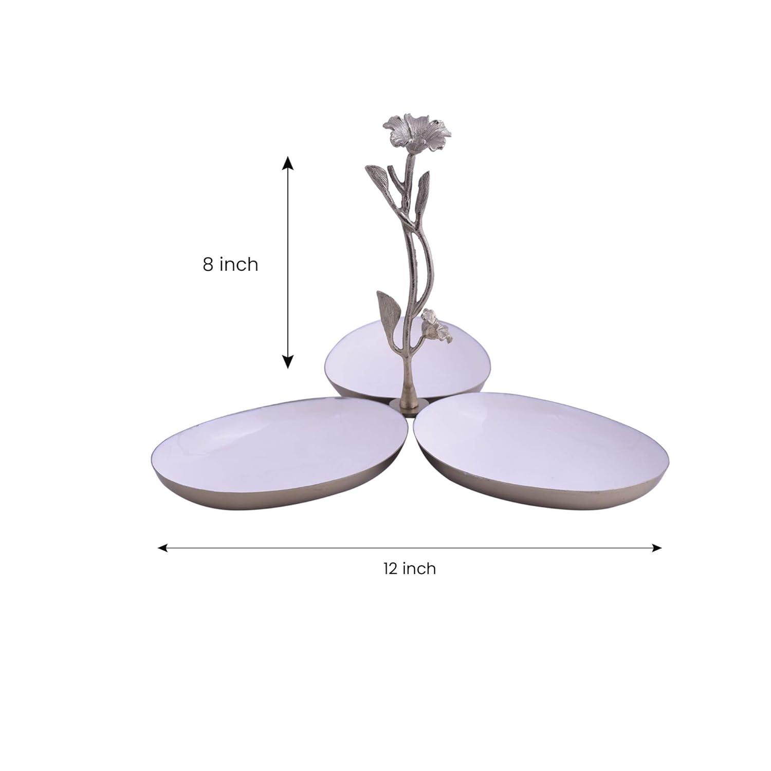 3 Bowl Condiment Server-White Condiment Server - Decorated Display Bowls-for Dining Table and Kitchen-with Rosemary Shaped Handle - 12 x 12 x 8 Inches