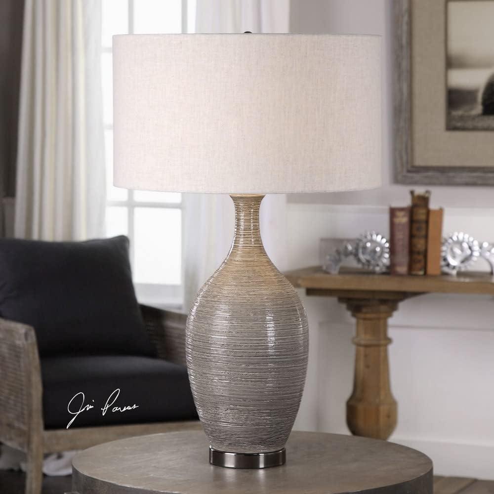 Mushroom Gray Ceramic Table Lamp with Beige Linen Shade