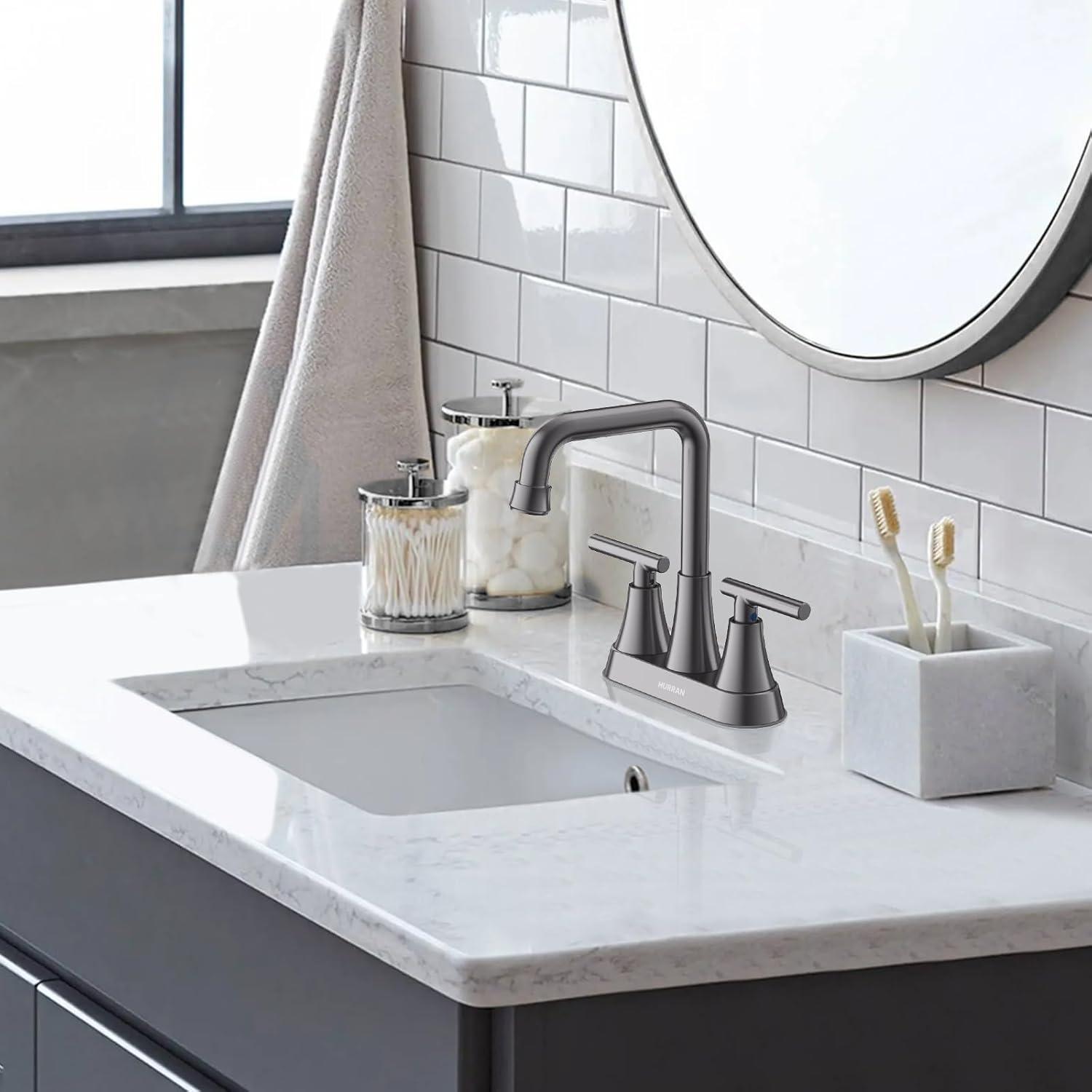 4 Inch Bathroom Faucets for Sink 3 Hole, Faucet for Bathroom Sink with Pop-up Drain & Supply Hoses, 2-Handle 360 Swivel Spout Stainless Steel Lead-Free, Centerset Faucet for Vanity Lavatory
