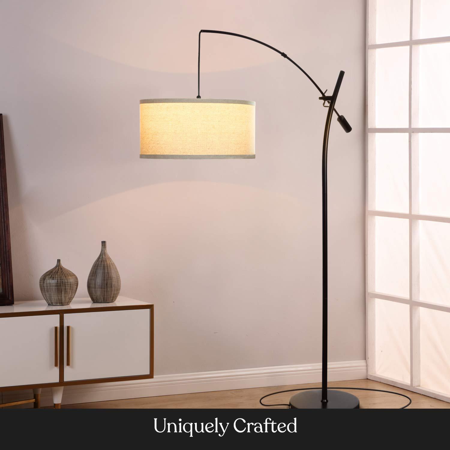 Brightech Grayson 84" Mid-Century Modern Height-Adjustable LED Arc Floor Lamp with Black Finish and Beige Cotton Fabric Drum Shade, Bulb Included