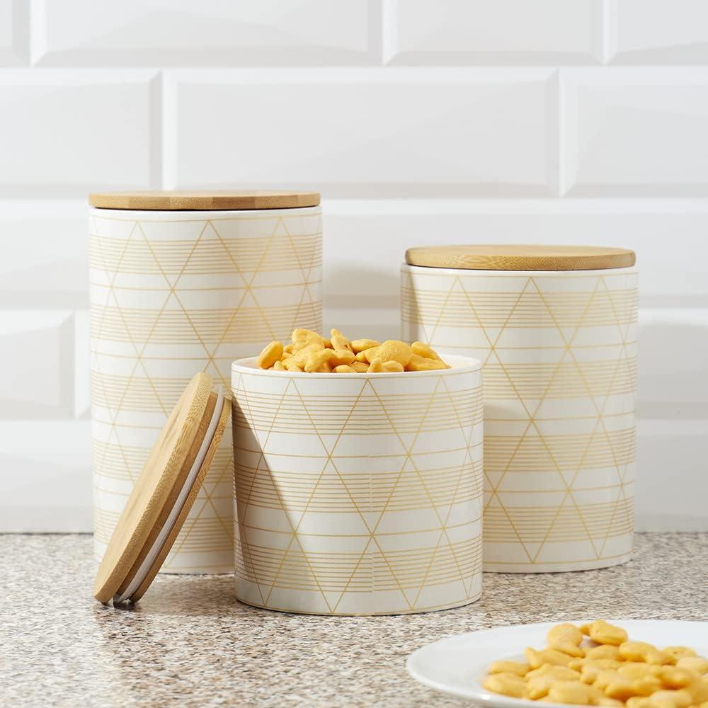 Home Basics 3 Piece Ceramic Canister Set with Bamboo Lids, Diamond White