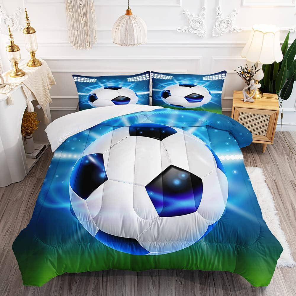 3D Football Duvet Cover Set for Boys,Twin Size Sports Bedding Comforter Soccer Themed Bedding Sets with 2 Football Patterned Pillowcases(No Comforter)