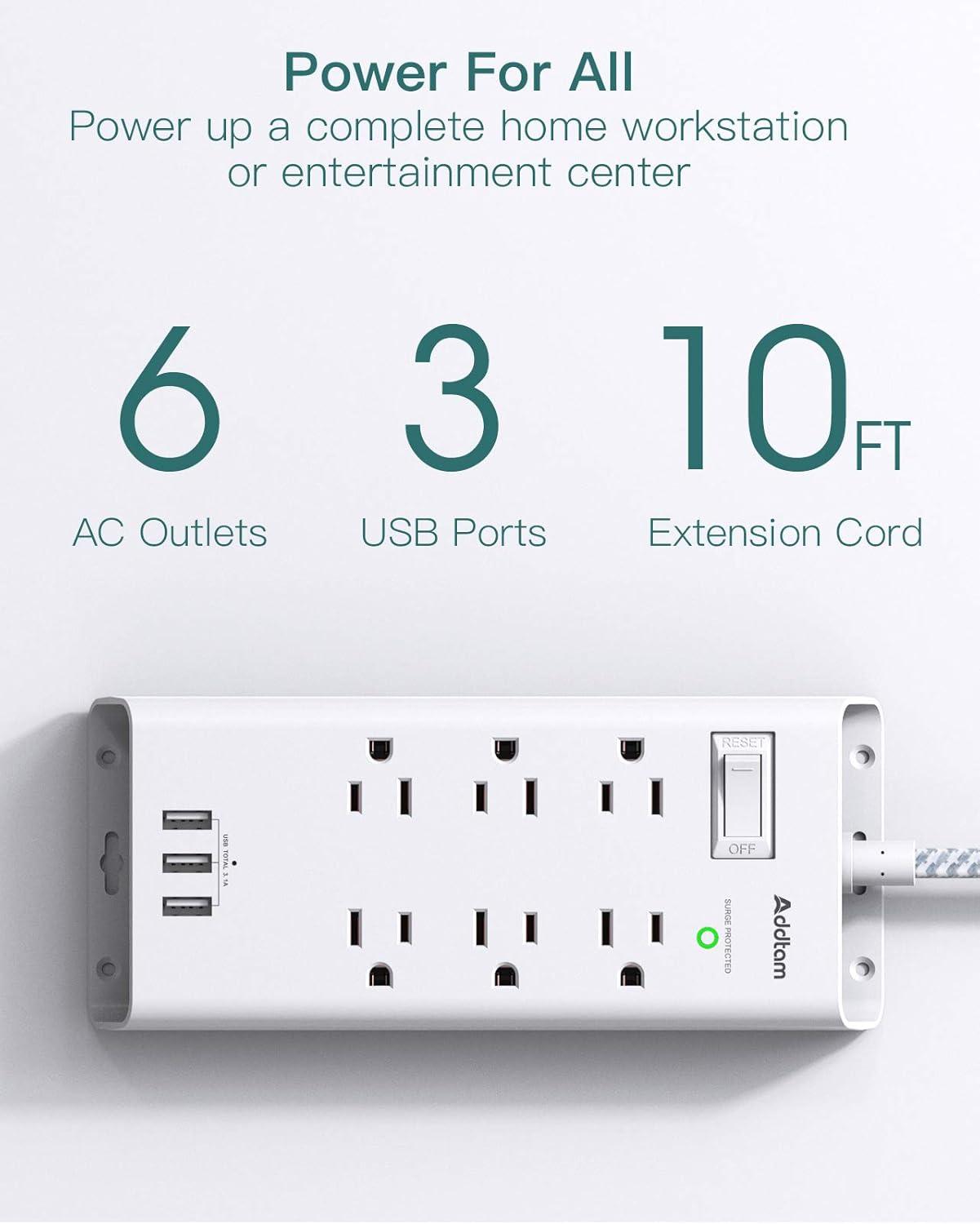 10Ft Extension Cord with Multiple Outlets, Flat Plug Power Strip Surge Protector with 10 Ft Long Cord, 6 Outlet 3 USB Ports (1 USB C), Multi Outlet Wall Plug for Travel, College, Dorm Room Essentials