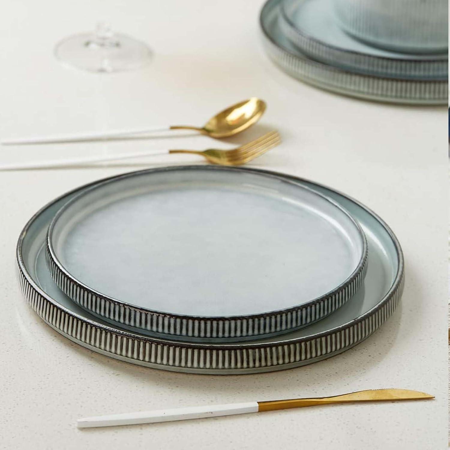 Famiware Star Stoneware Dinnerware Sets, Plates and Bowls Set for 4, 12 Piece Dish Set, Smoky Blue