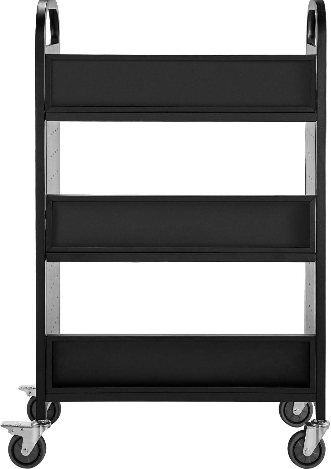 Black Steel Rolling Library Cart with V-Shaped Shelves